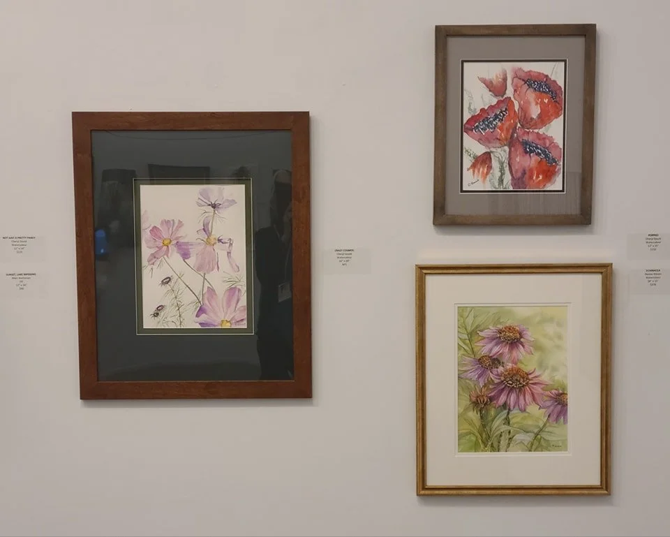 Three framed watercolor floral paintings on a white gallery wall, including poppies and daisies.