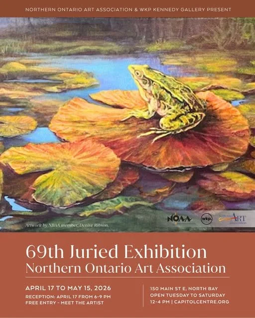 A painting of a pond with water lilies and a frog sitting on an orange lily pad.