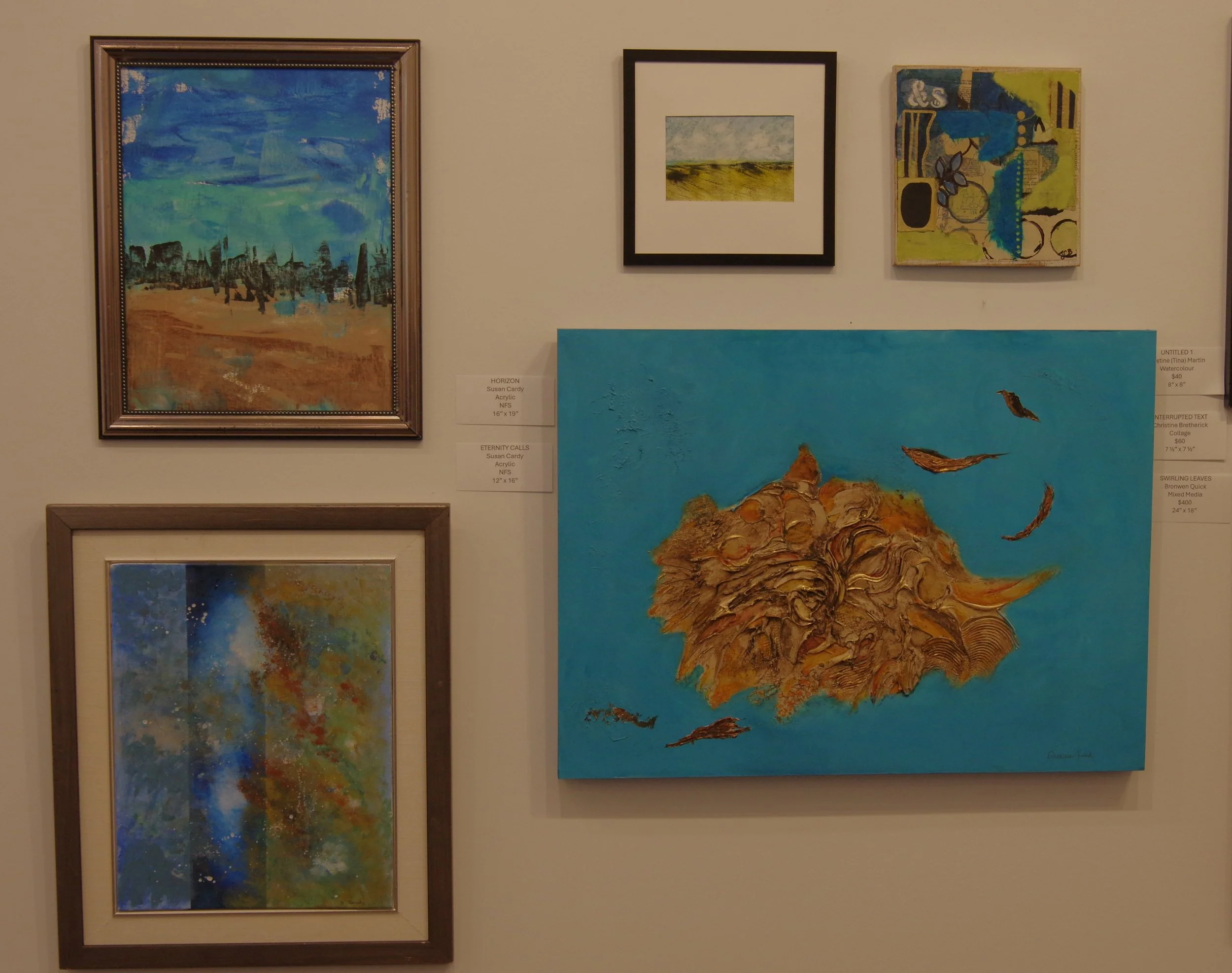 Gallery wall featuring five abstract paintings of various sizes and styles.