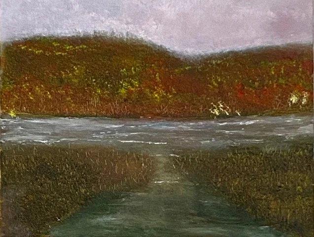 Landscape painting of a river with trees and hills in the background, painted in earthy tones.