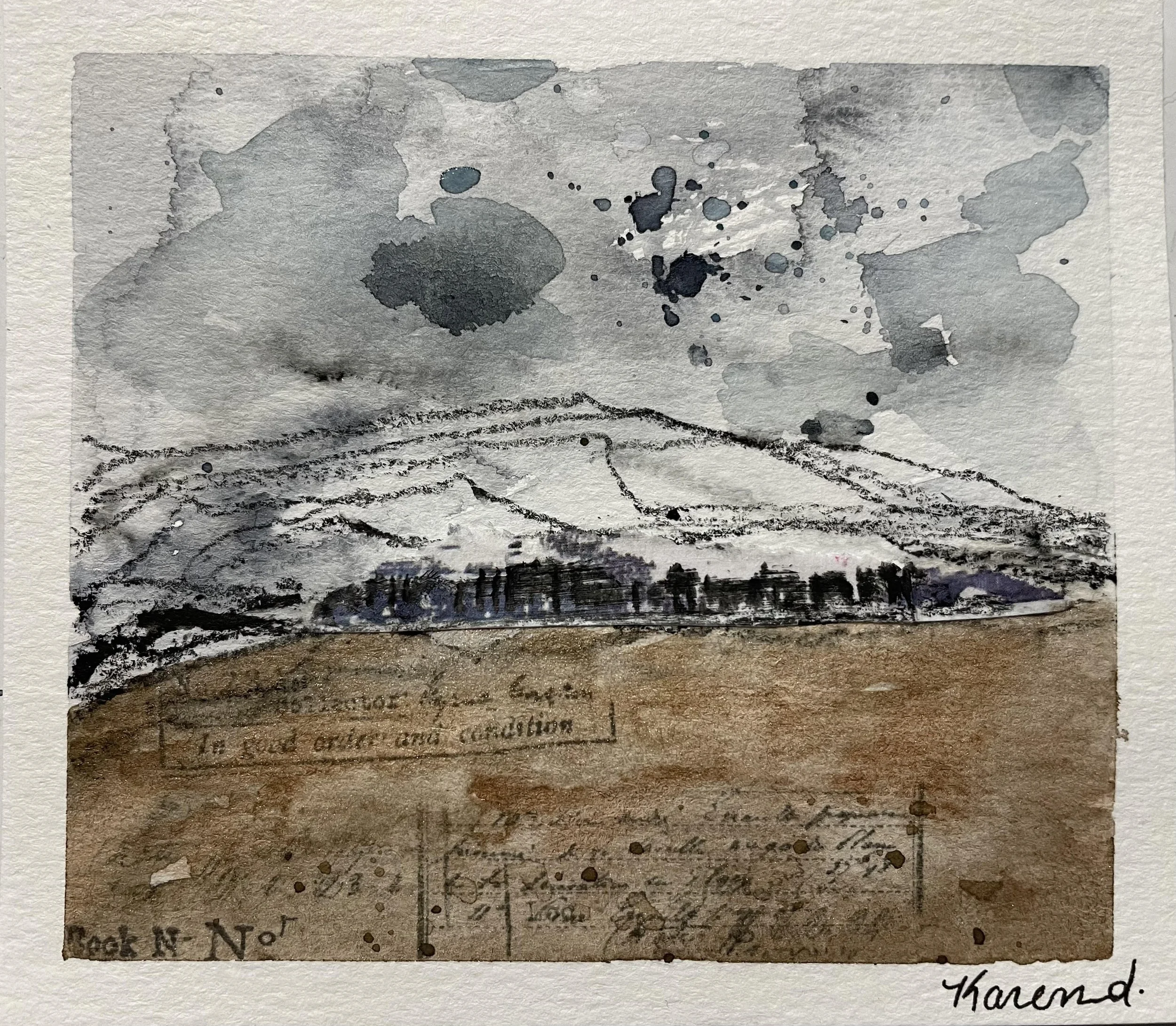 Painting of a hilly landscape with cloudy sky, distant trees, and handwritten notes at the bottom.