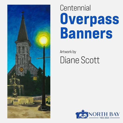 Poster for North Bay's Centennial Overpass Banners featuring artwork of a church with a steeple, a streetlight, and a fountain at night.