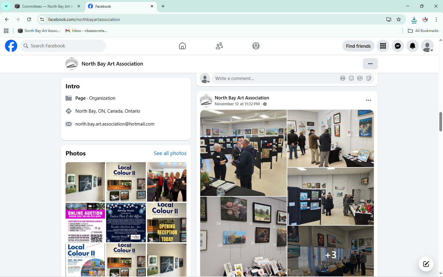 Photos of an art exhibition with visitors viewing paintings and artwork displayed on gallery walls and on display tables, inside a brightly lit art gallery.