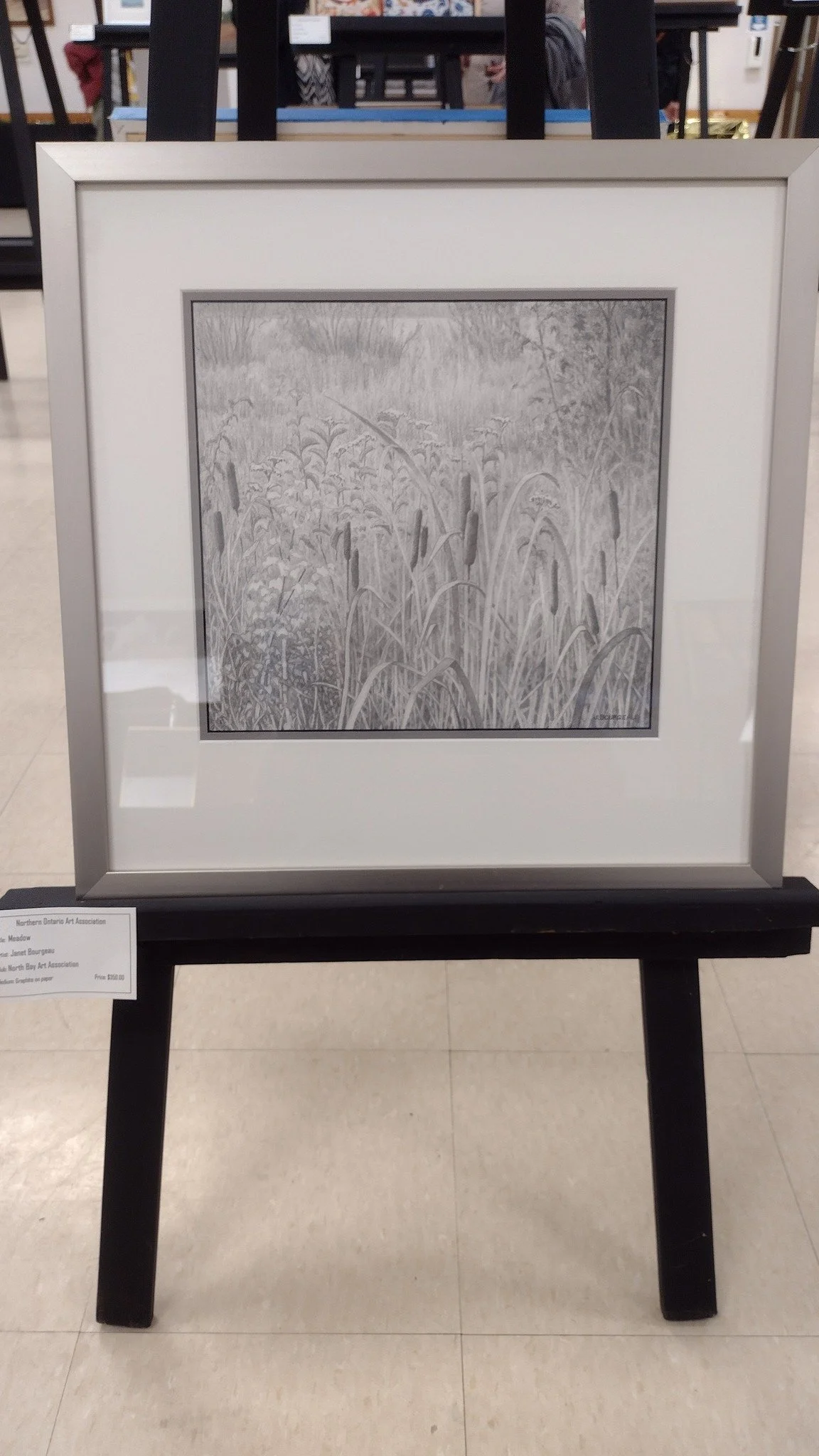 A framed black-and-white drawing of a field with tall grasses and cattails, displayed on a black easel in an indoor setting.