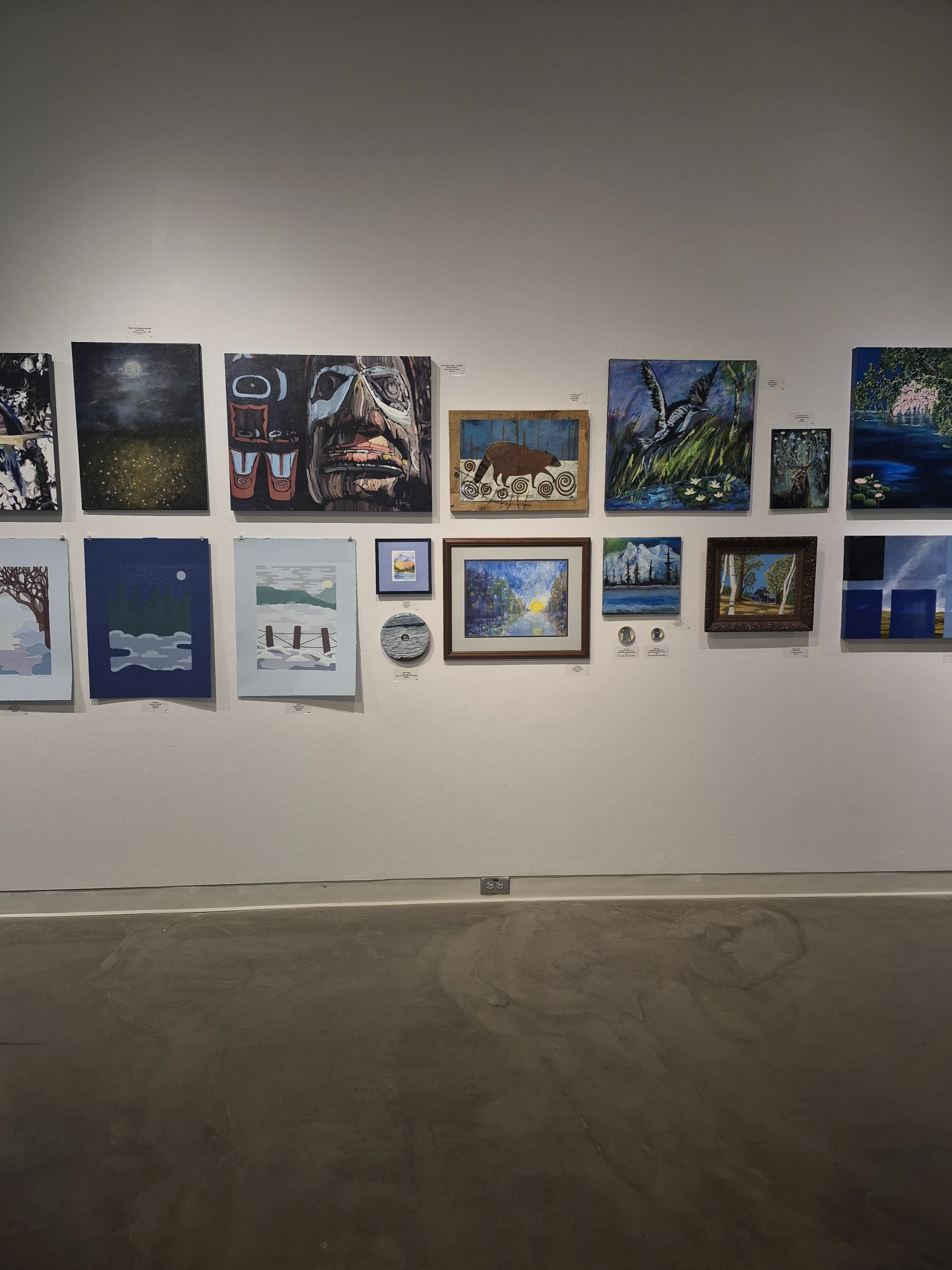 An art gallery wall displaying various paintings and artworks of different styles, sizes, and themes, including nature scenes, abstract art, and cultural portraits.