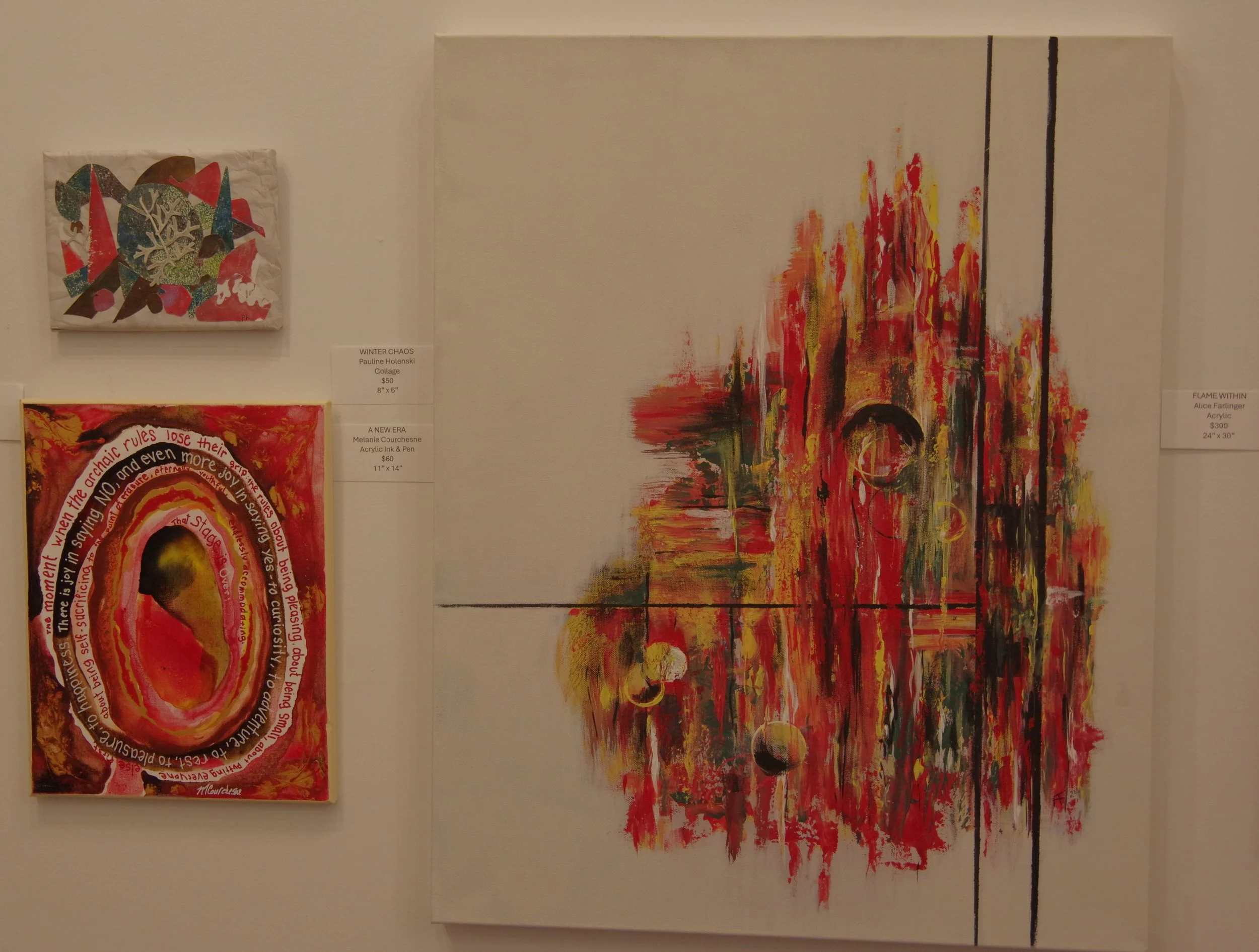 Three abstract paintings on a gallery wall, with labels indicating titles, artists, prices, and dimensions.