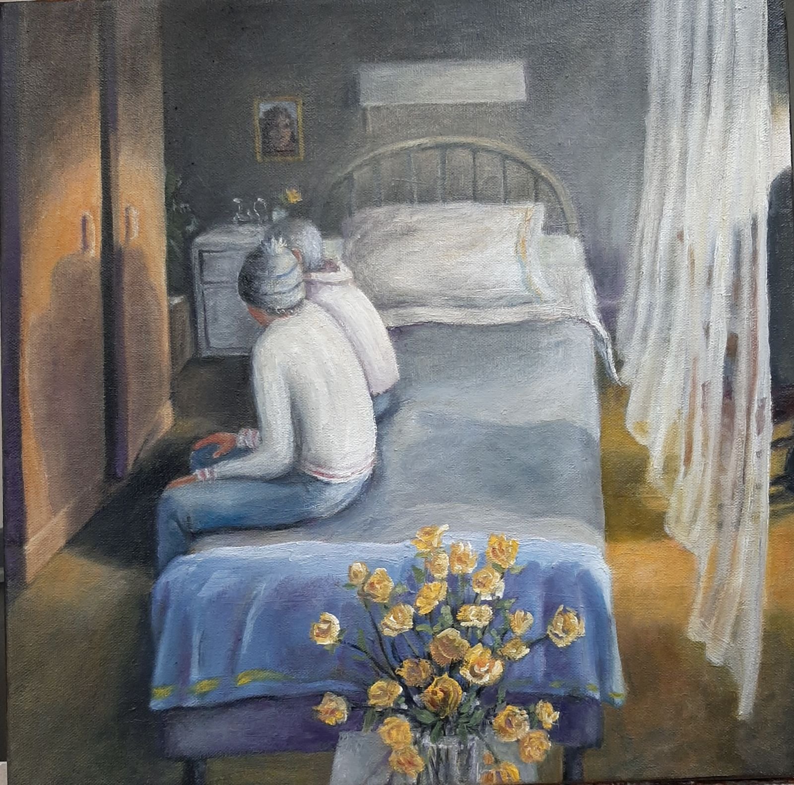 A painting of a woman sitting on a bed in a bedroom, wearing a gray hat, white sweater, and blue jeans, with a vase of yellow flowers on a table in front of her. The room has a wardrobe, a nightstand with a lamp, and a window with curtains.