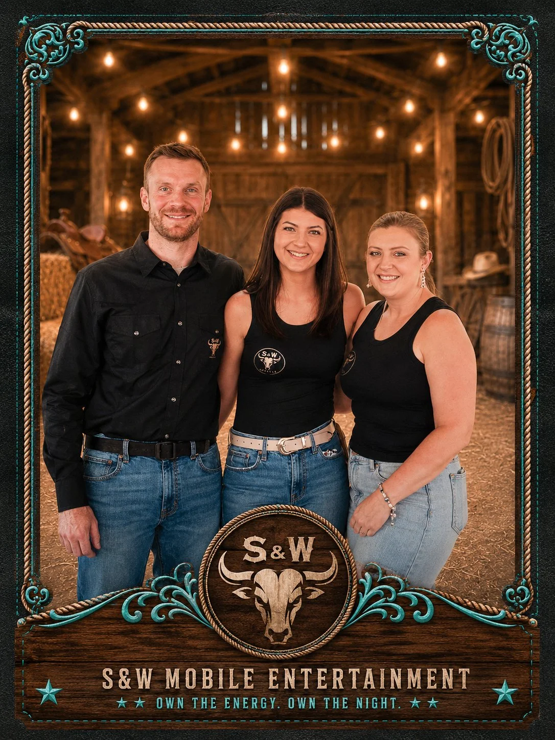 Three people, two women and one man, smiling and standing together inside a rustic barn with warm lighting. They are dressed in western outfits, posing for a photo using S&W Mobile Entertainment's Professional Photo Booth.
