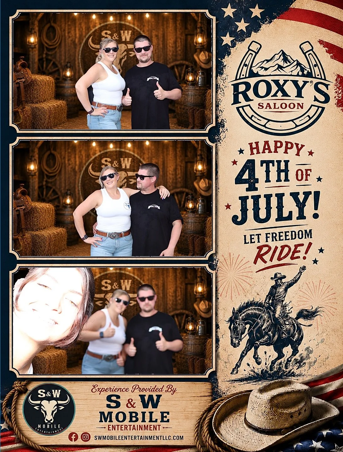 Three photos of a woman and a man with a rustic, western-themed background, celebrating the 4th of July with a rodeo-themed design as part of a custom Photo Booth template provided by S&W Mobile Entertainment