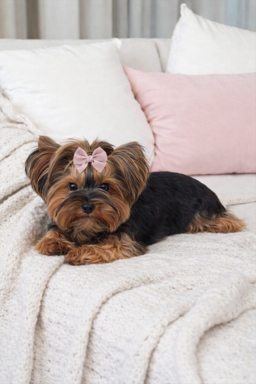 A small Yorkshire Terrier dog with a pink bow on its head, lying on a cream-colored blanket on a sofa with white and pink cushions in the background.