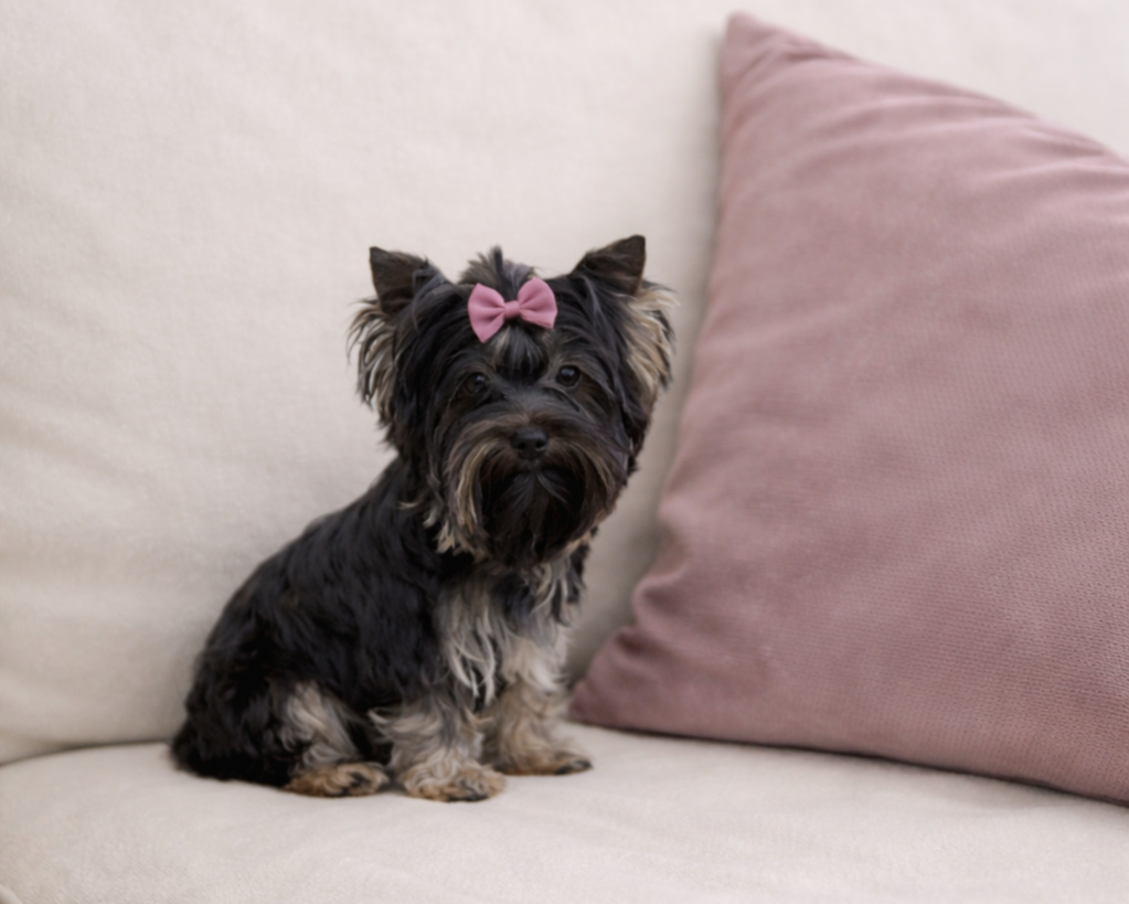Small black dog with long fur and a yellow bow on its head, sitting outdoors on grass with a blurred background of trees and sunlight.
