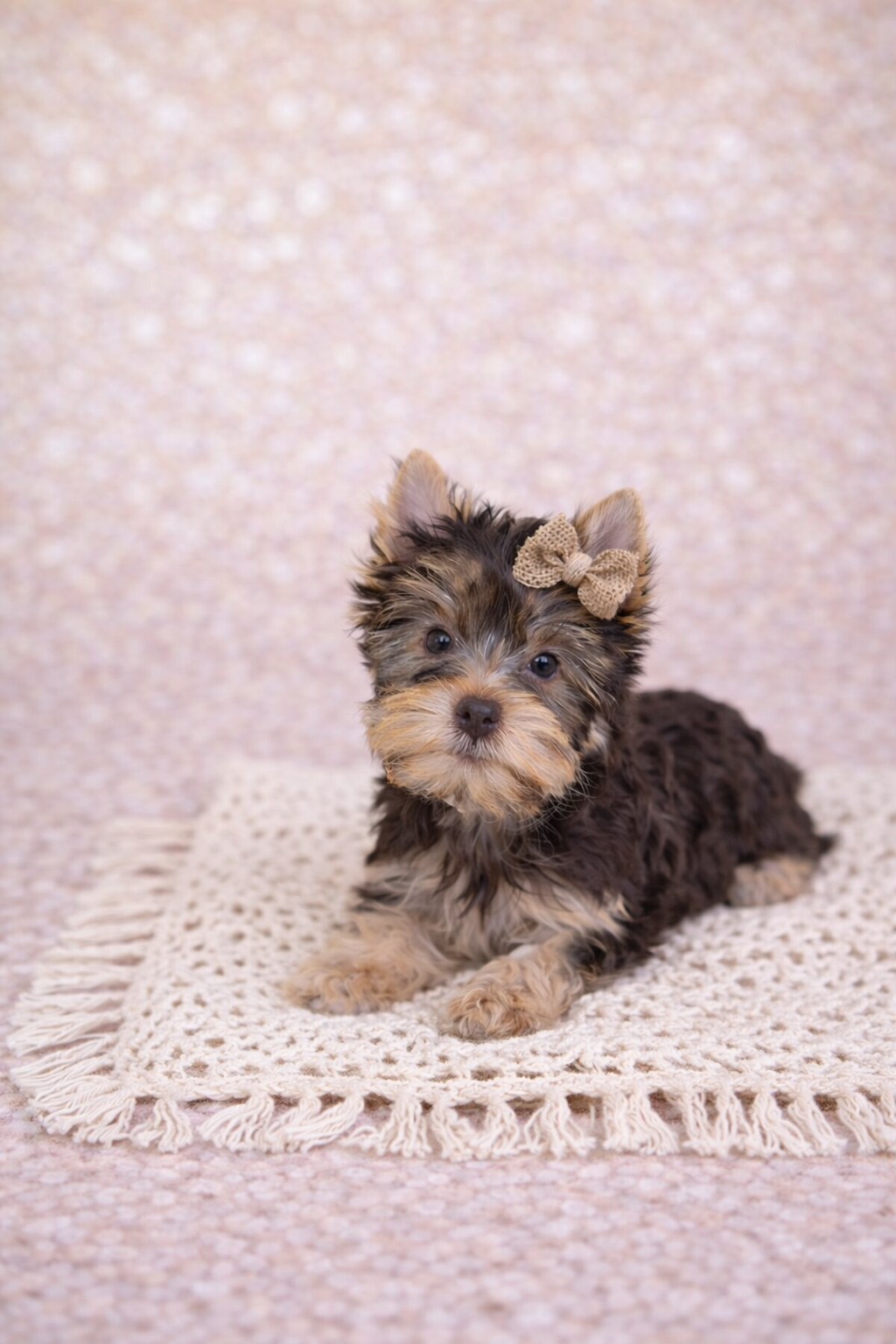 A small Yorkshire Terrier puppy with a beige bow on its head, lying on a crochet rug with a sparkly pink background. Greenwood SC South Carolina 