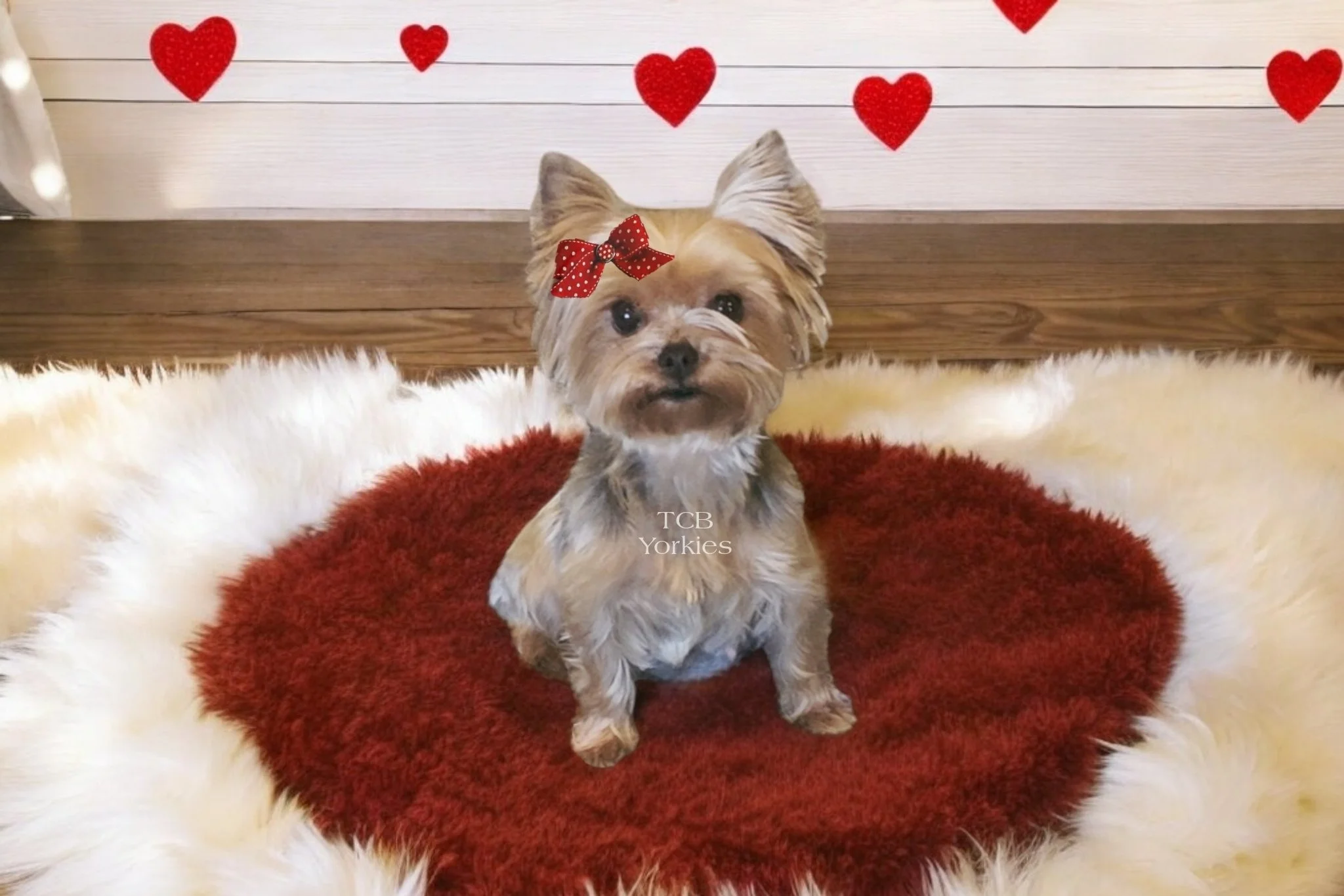 Small dog with a red polka dot bow on its head, sitting on a red and white fluffy rug in front of a wall decorated with red hearts.