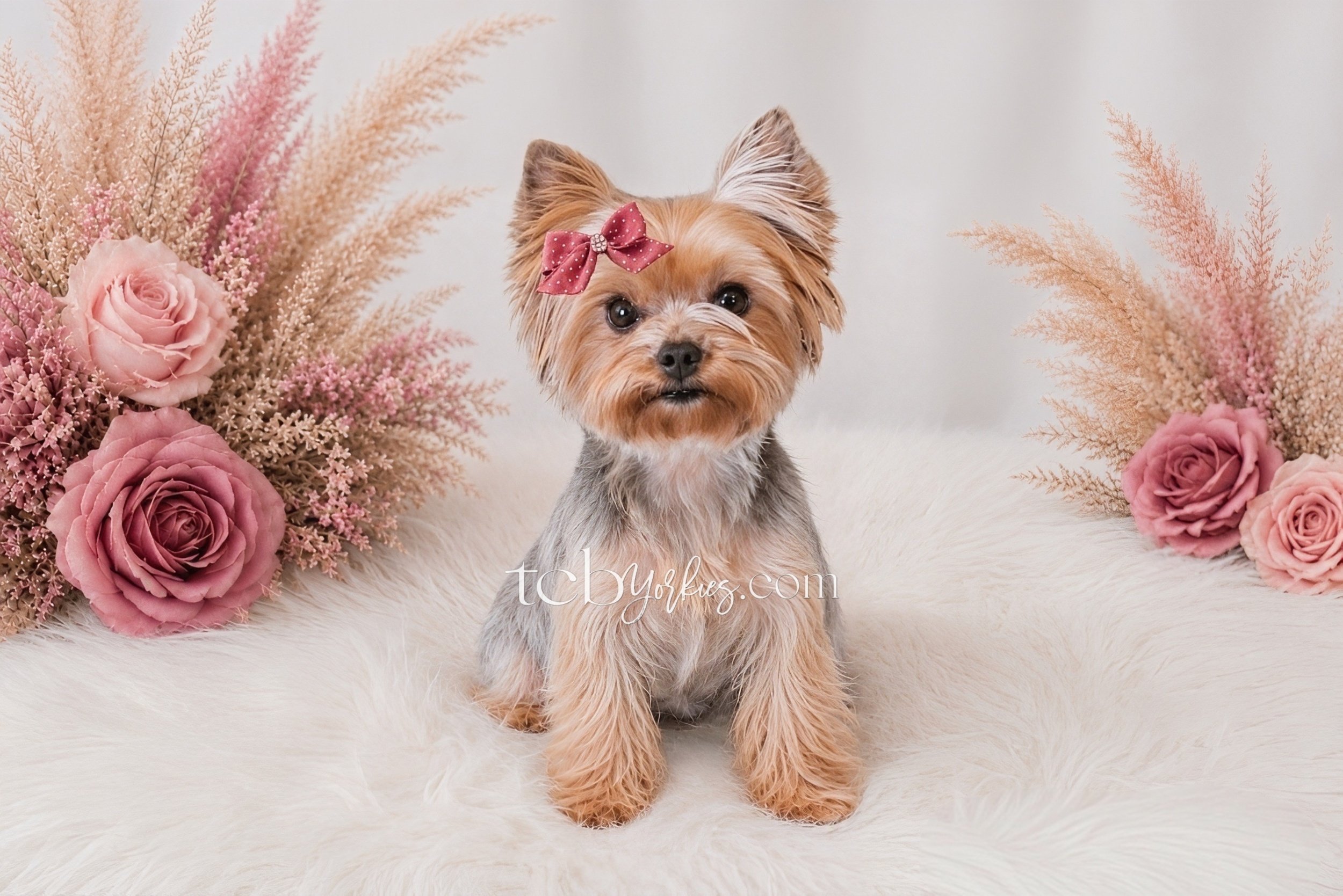 A dog with long, flowing fur stands on green grass among pink flowering bushes.