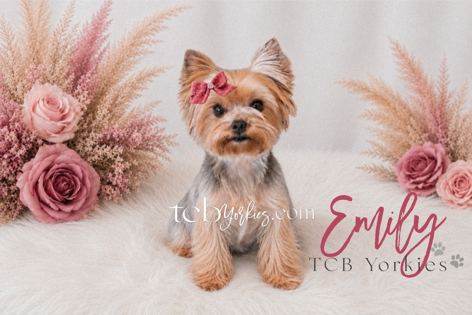 A dog with long, flowing fur stands on green grass among pink flowering bushes.