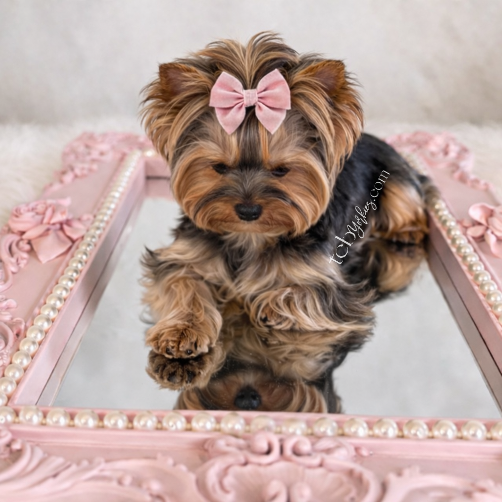 A small Yorkshire Terrier puppy with a pink bow on its head, sitting on a pink decorative tray with pearl accents, looking at its reflection in a mirror.