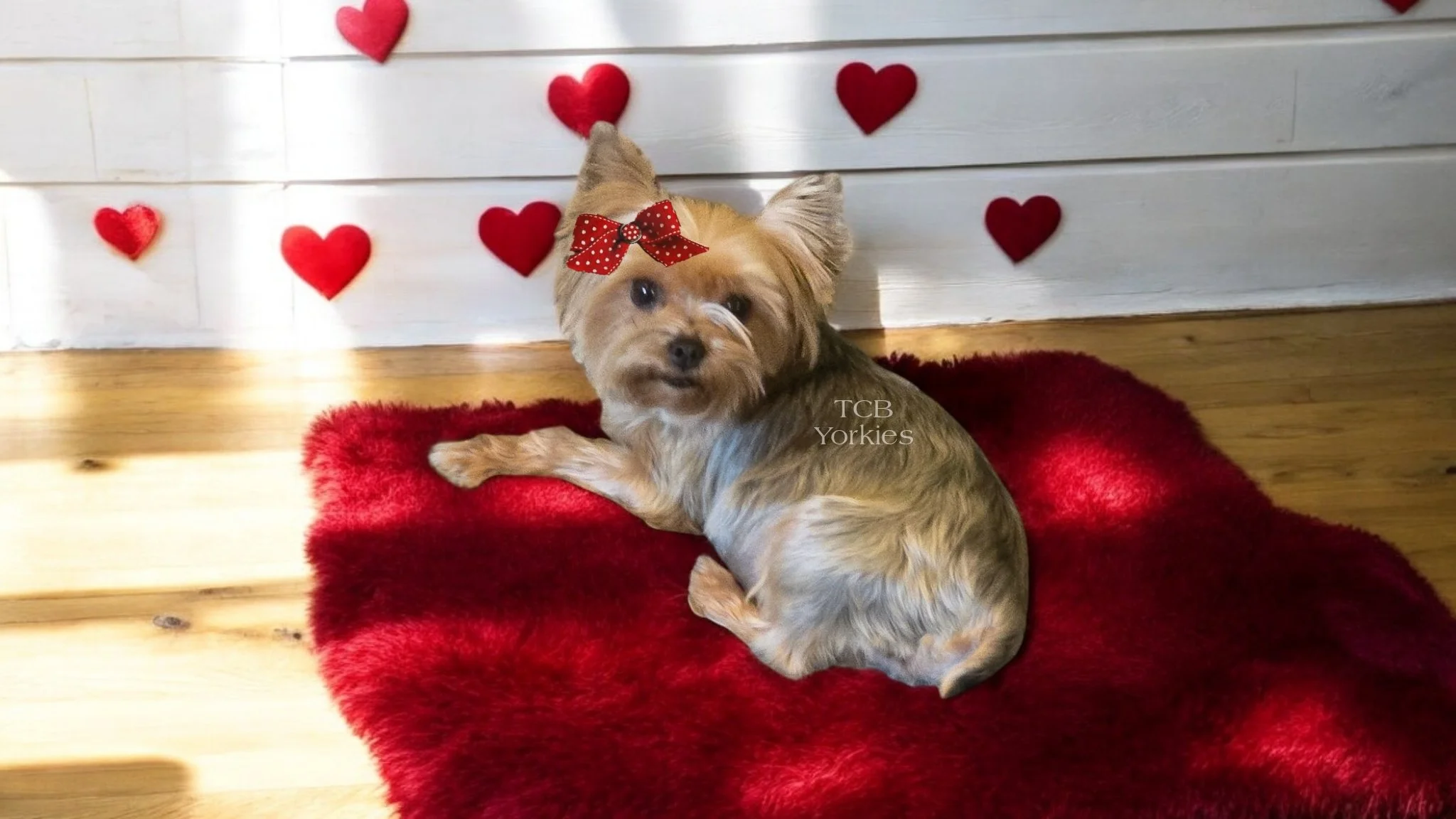 A small Yorkshire Terrier dog with a red and white polka dot bow on its head, sitting on a red furry rug in front of a white wooden wall decorated with red felt hearts.