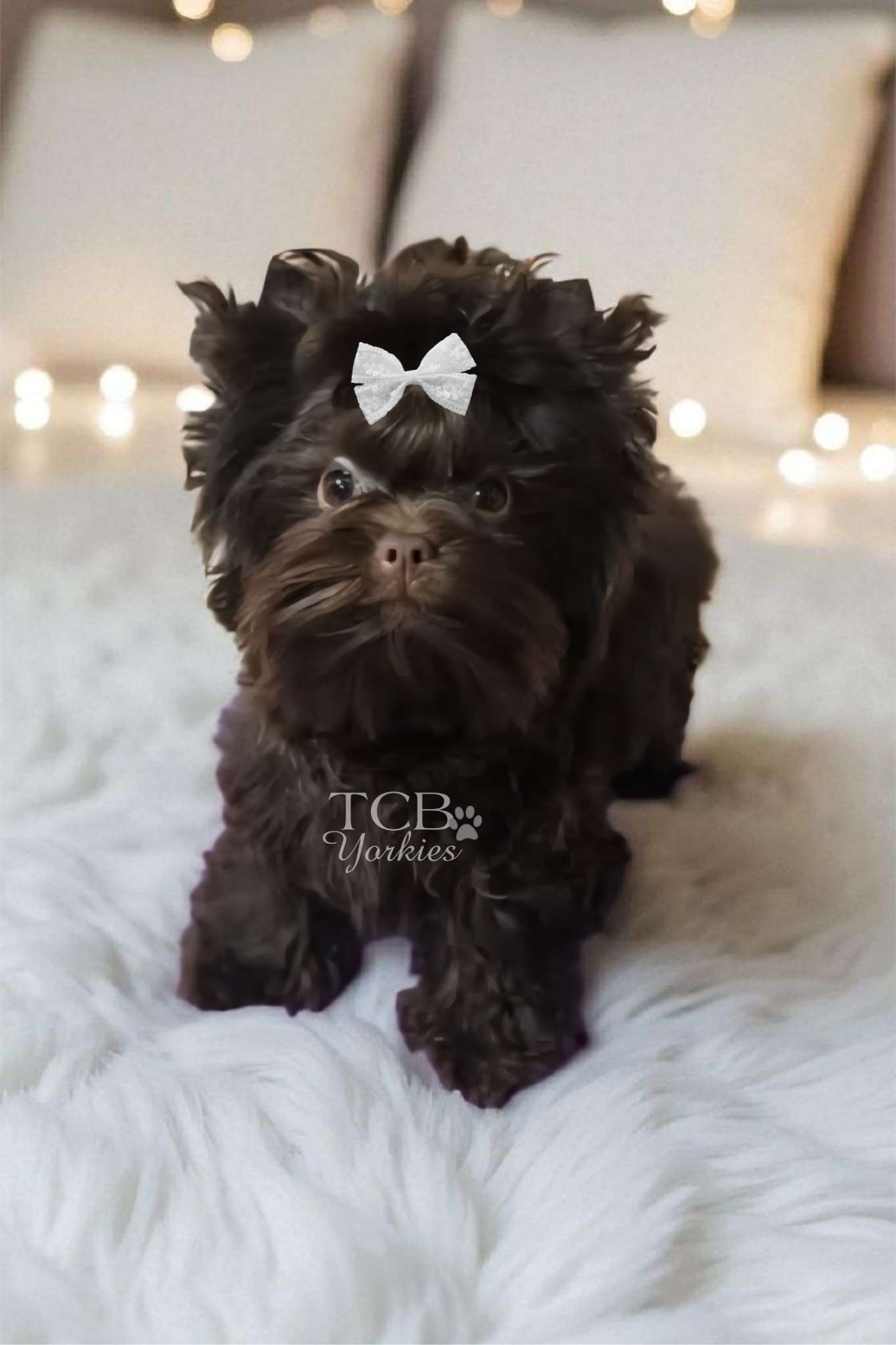 A small, fluffy black puppy with a white bow on its head, lying on a white furry rug on a wooden floor.