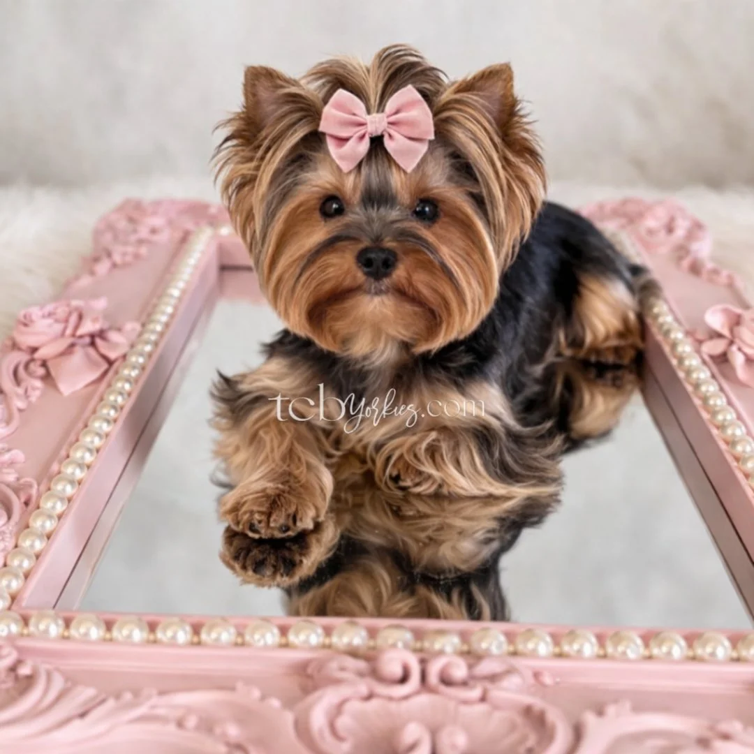 A small Yorkshire Terrier dog with a pink bow on its head sitting on a mirrored surface inside a pink decorative frame with pearl accents.