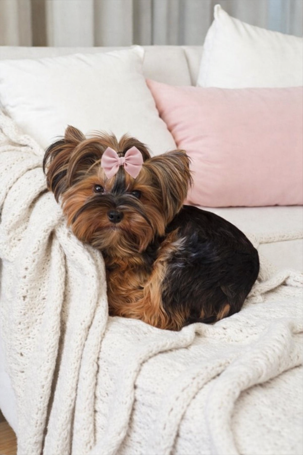 A small Yorkshire Terrier dog with a pink bow on its head, sitting on a cream-colored blanket on a couch with white and pink pillows in the background.