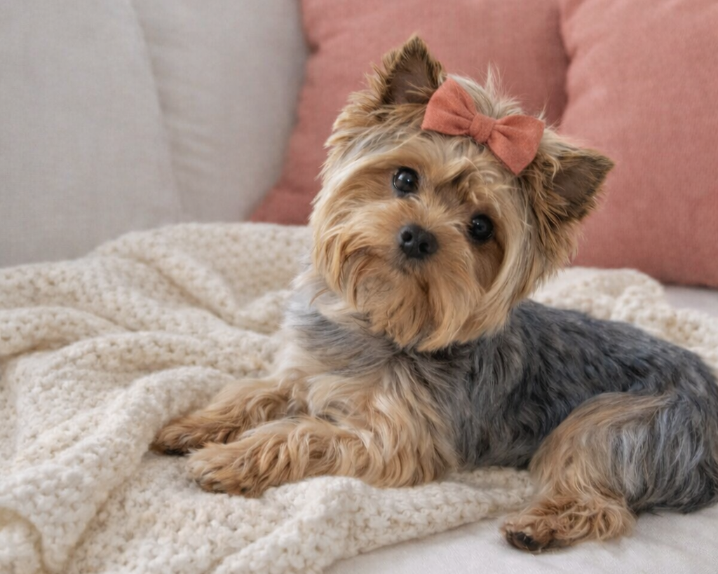 A Yorkshire Terrier dog standing on grass with a pink bow on its head, smiling, and colorful blurred lights in the background.