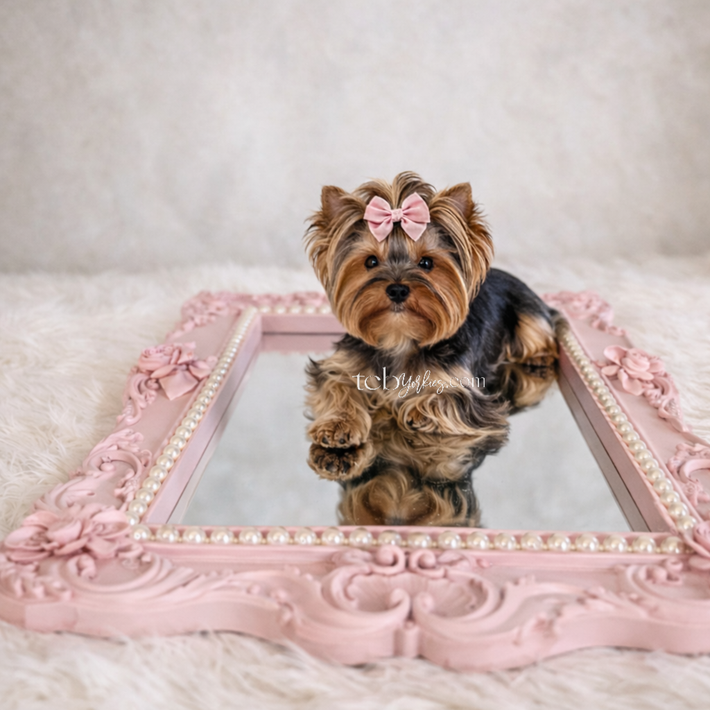 A small Yorkshire Terrier dog with a pink bow on its head, lying on a white blanket on a couch with pink and white pillows.
