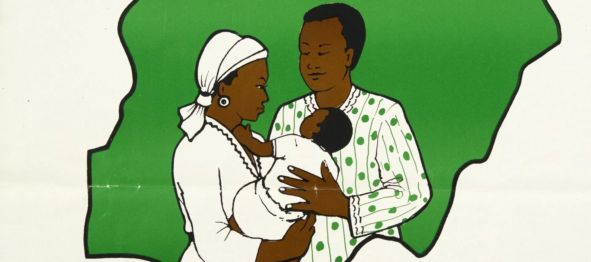 Illustration of a family with a woman holding a baby, a man standing beside her, all with dark skin and wearing green and white patterned clothing, against a green background.