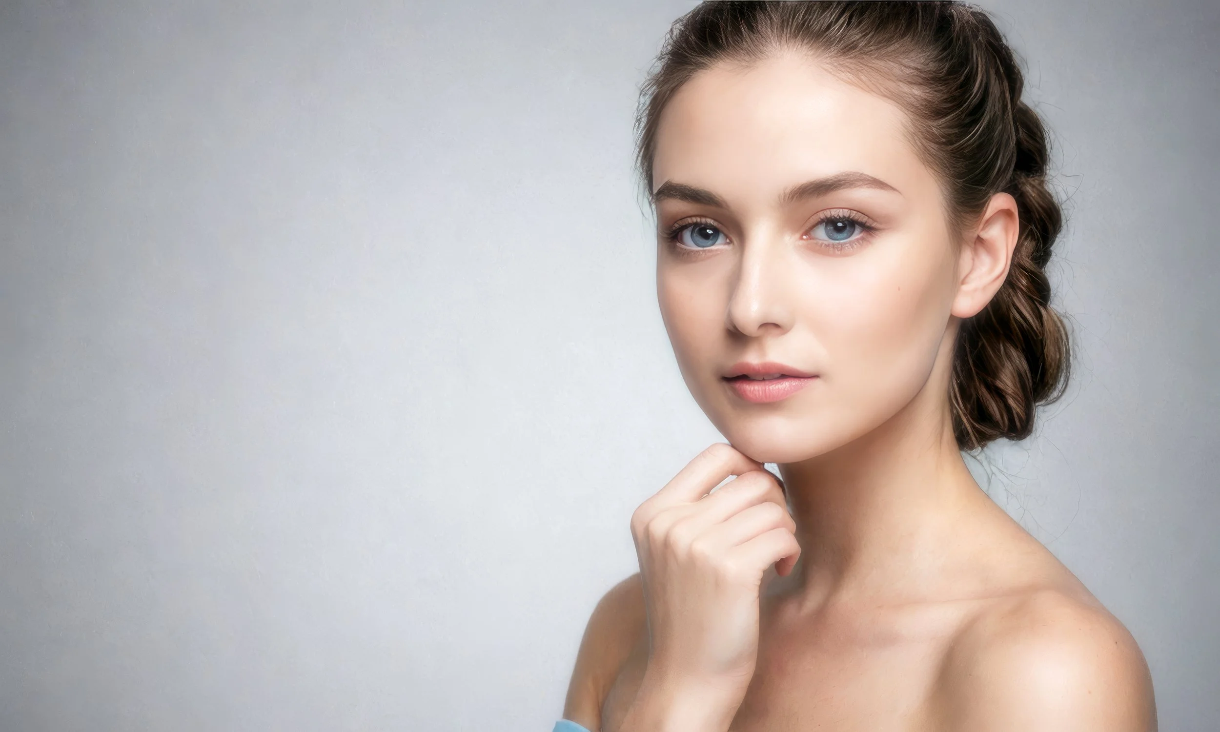 Nahaufnahme eines jungen, blonden Mädchens mit blauen Augen, das leicht lächelt und die Hand am Kinn hat, vor hellem Hintergrund.