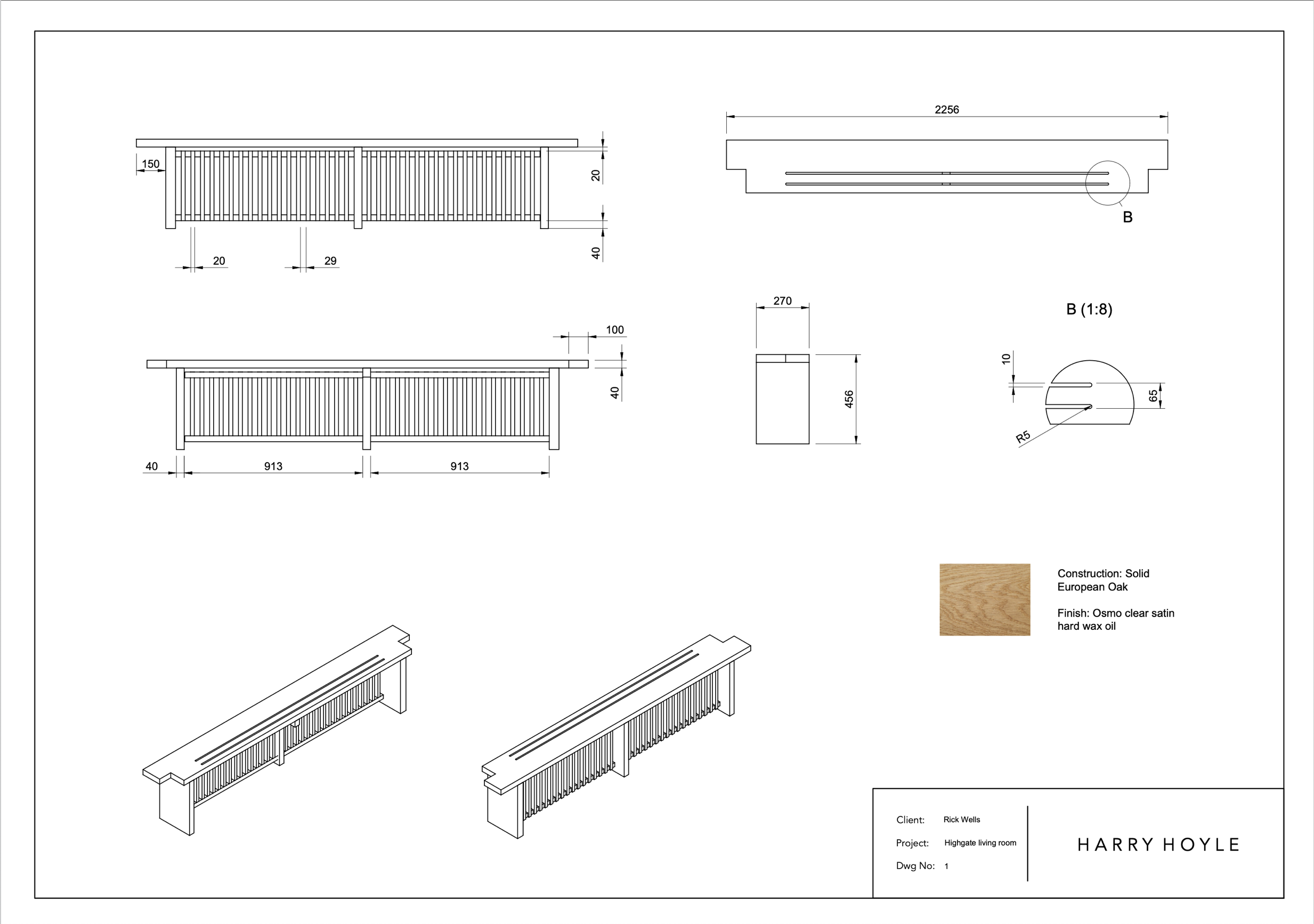 Architectural technical drawing of a wooden railing or fence, showing front, top, and side views with measurements and materials specified.