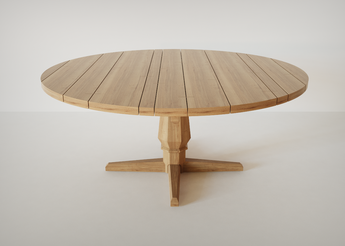 Round wooden table with a pedestal base on a white background.