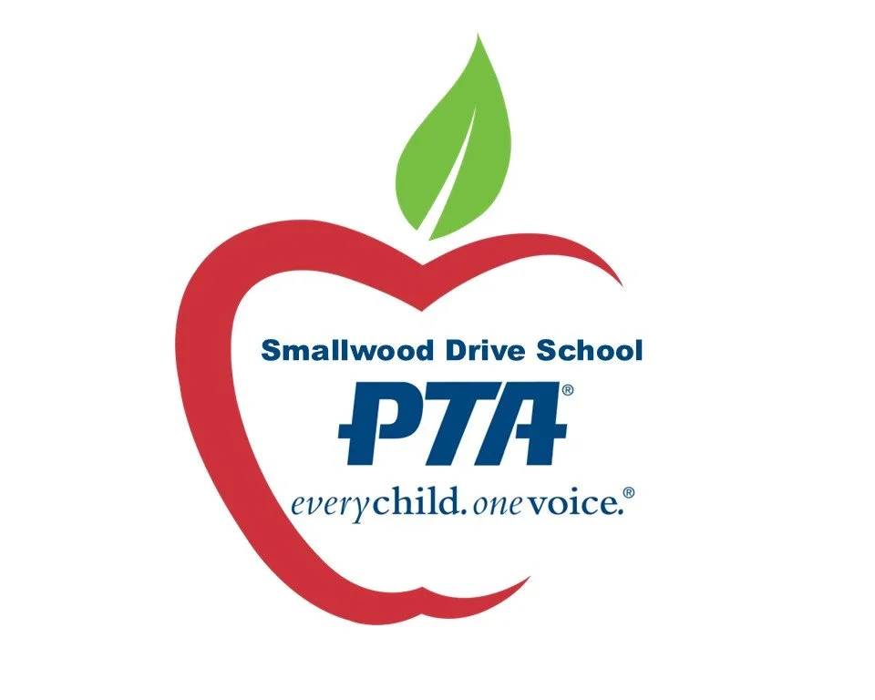 Logo with a stylized red apple with a green leaf, featuring the text 'Smallwood Drive School PTA' and the slogan 'every child. one voice.'