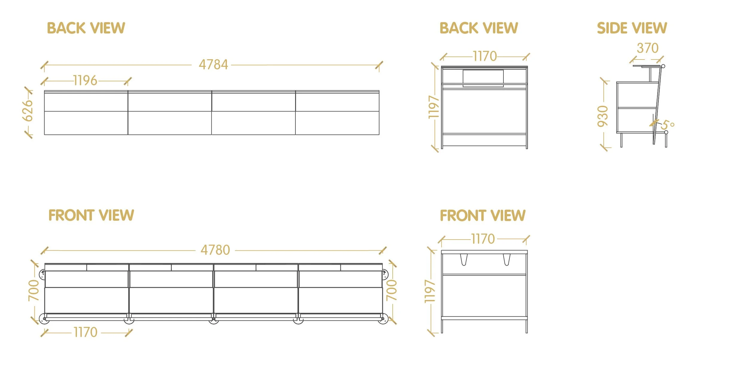 Technical drawing of a piece of furniture with front, back, and side views, including dimensions in millimeters.