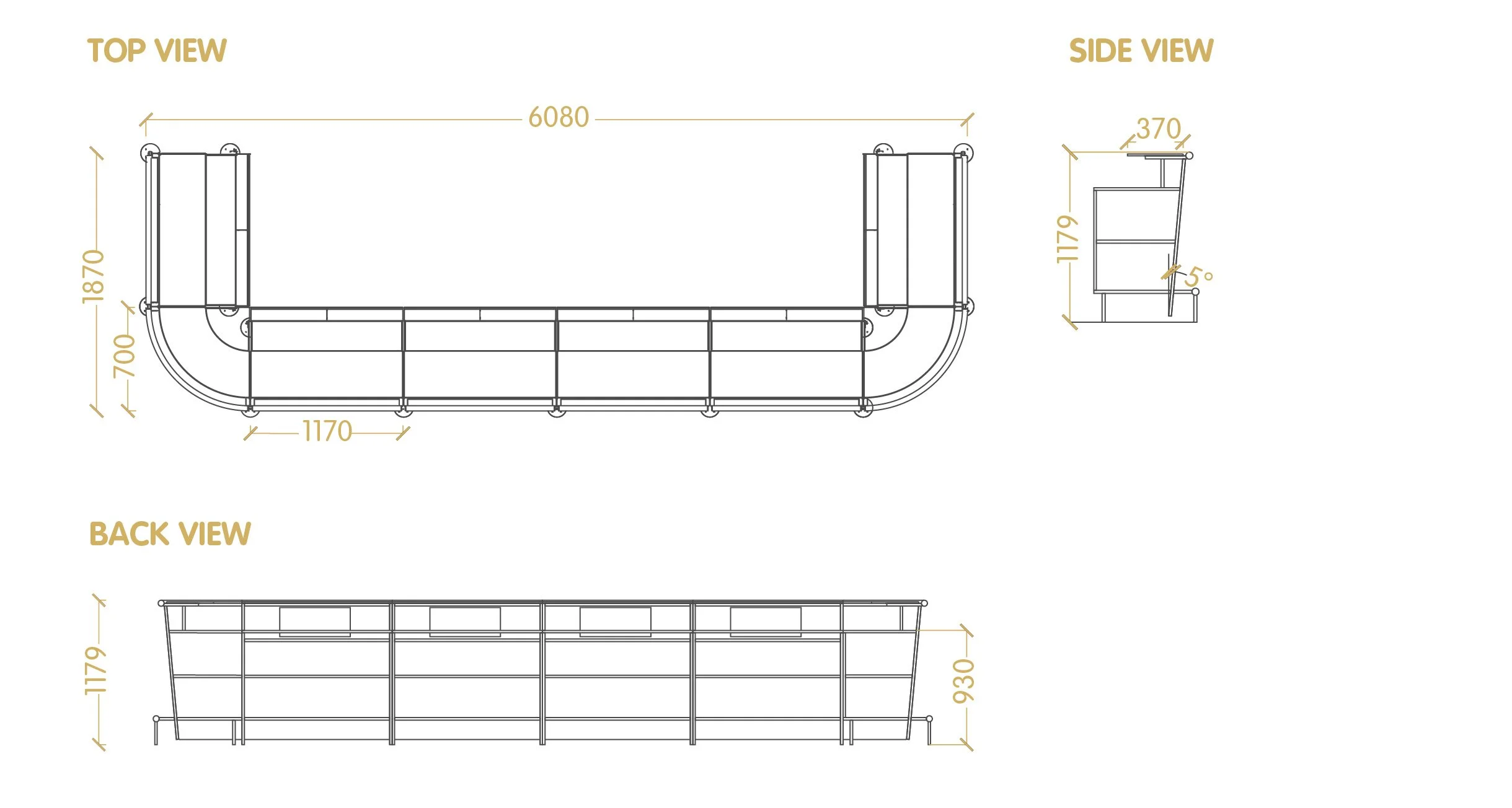 Technical drawing of a curved structure showing top, side, and back views with dimensions in millimeters.