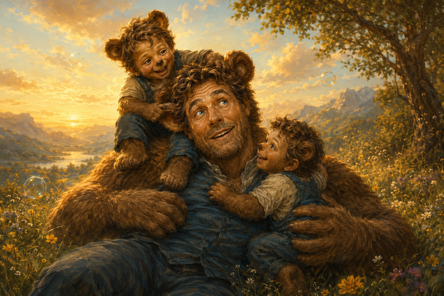 Oz als Papa Bär mit seinen Kindern – Symbol für Vaterschaft, Verantwortung, bedingungslose Liebe und die Herausforderungen der Kindererziehung.