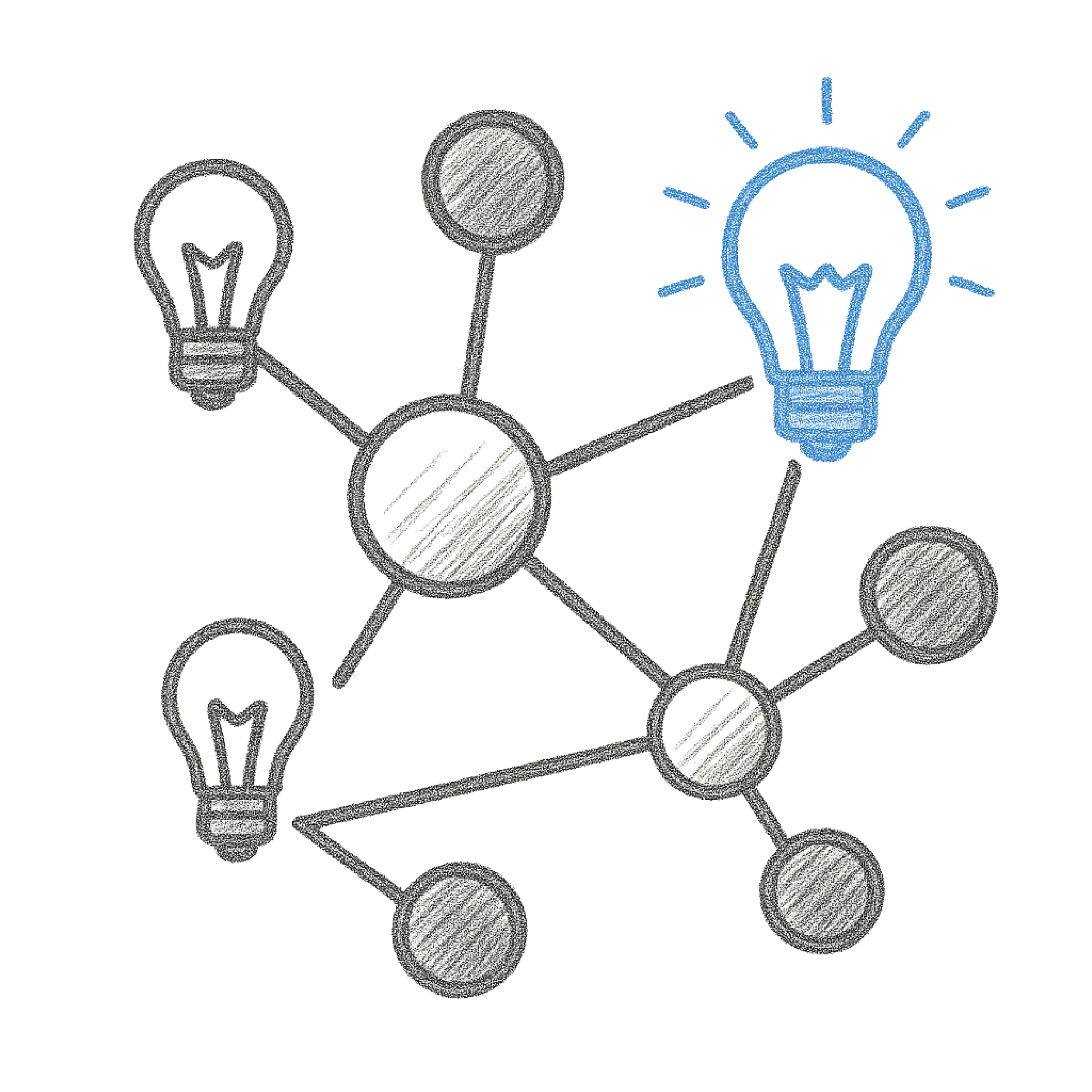 A hand-drawn sketch of a network of interconnected nodes with light bulbs, some with at least one glowing outline, representing ideas or innovation.