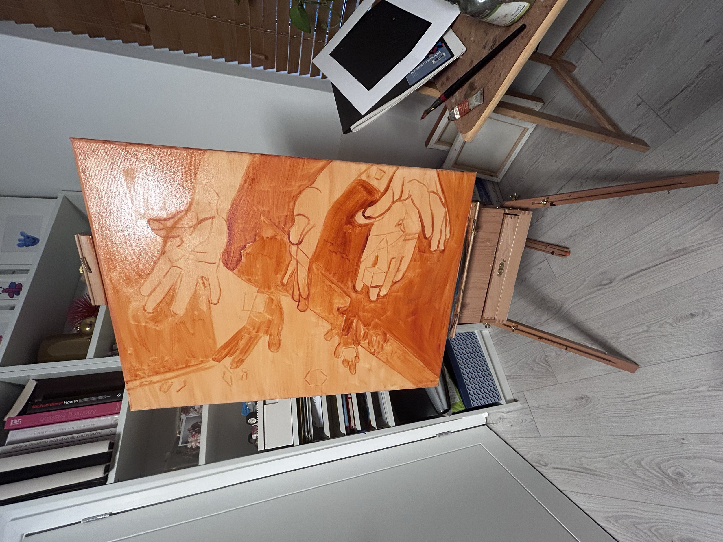 sketch and underpaint. Burnt Sienna was a mistake! I really should have chosen Van Dyke Brown...