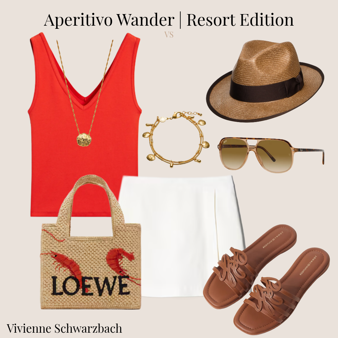 Summer fashion outfit featuring a red sleeveless top with a gold shell necklace, white skirt, straw hat with black band, sunglasses with tortoiseshell frames, gold bracelet, Loewe woven handbag with red embroidery, and brown slide sandals.