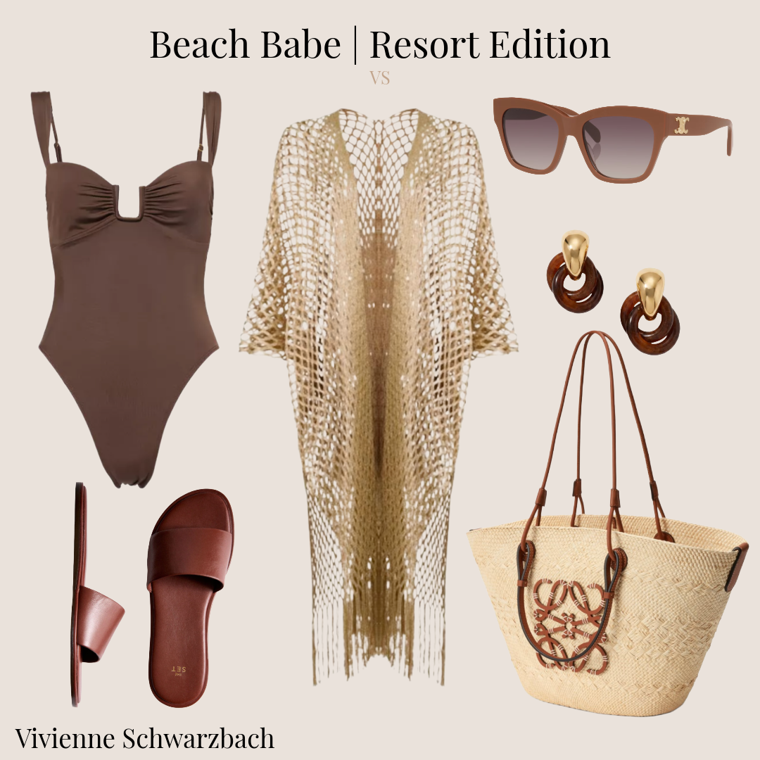 A collection of summer beach fashion items including a brown swimsuit, a large crochet cover-up, brown sunglasses, brown and gold earrings, a large straw tote bag, and brown slide sandals, with text reading "Beach Babe | Resort Edition" and the desig