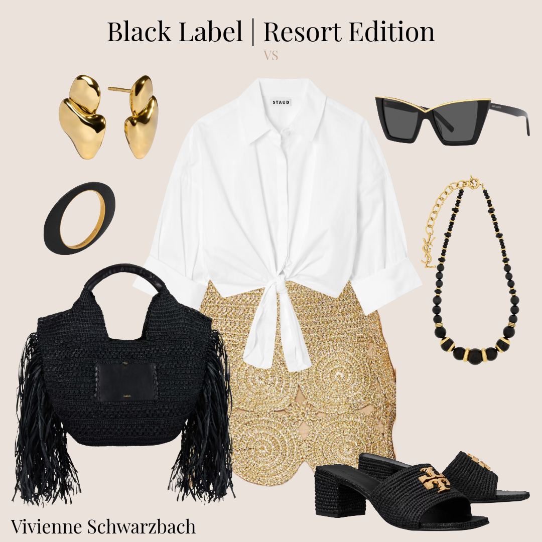 Fashion collage titled 'Black Label | Resort Edition' featuring gold earrings, a black ring, a black beaded necklace, a white tied-up shirt, a gold and black lace skirt, black sunglasses, a black woven handbag with fringe, black slides with gold logo