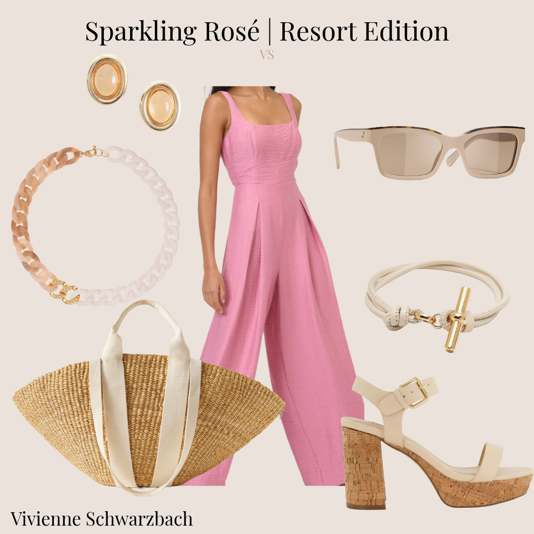 Fashion collage featuring a pink jumpsuit, sunglasses, earrings, necklace, bracelet, handwoven tote bag, and platform sandals, with text 'Sparkling Rosé | Resort Edition' and the name 'Vivienne Schwarzbach'.