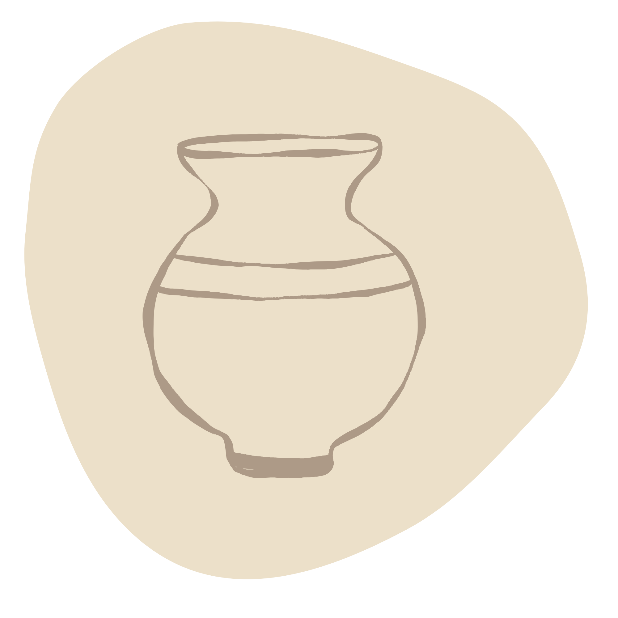 Line drawing of a ceramic vase with a wide body and narrow neck, set against a beige background.
