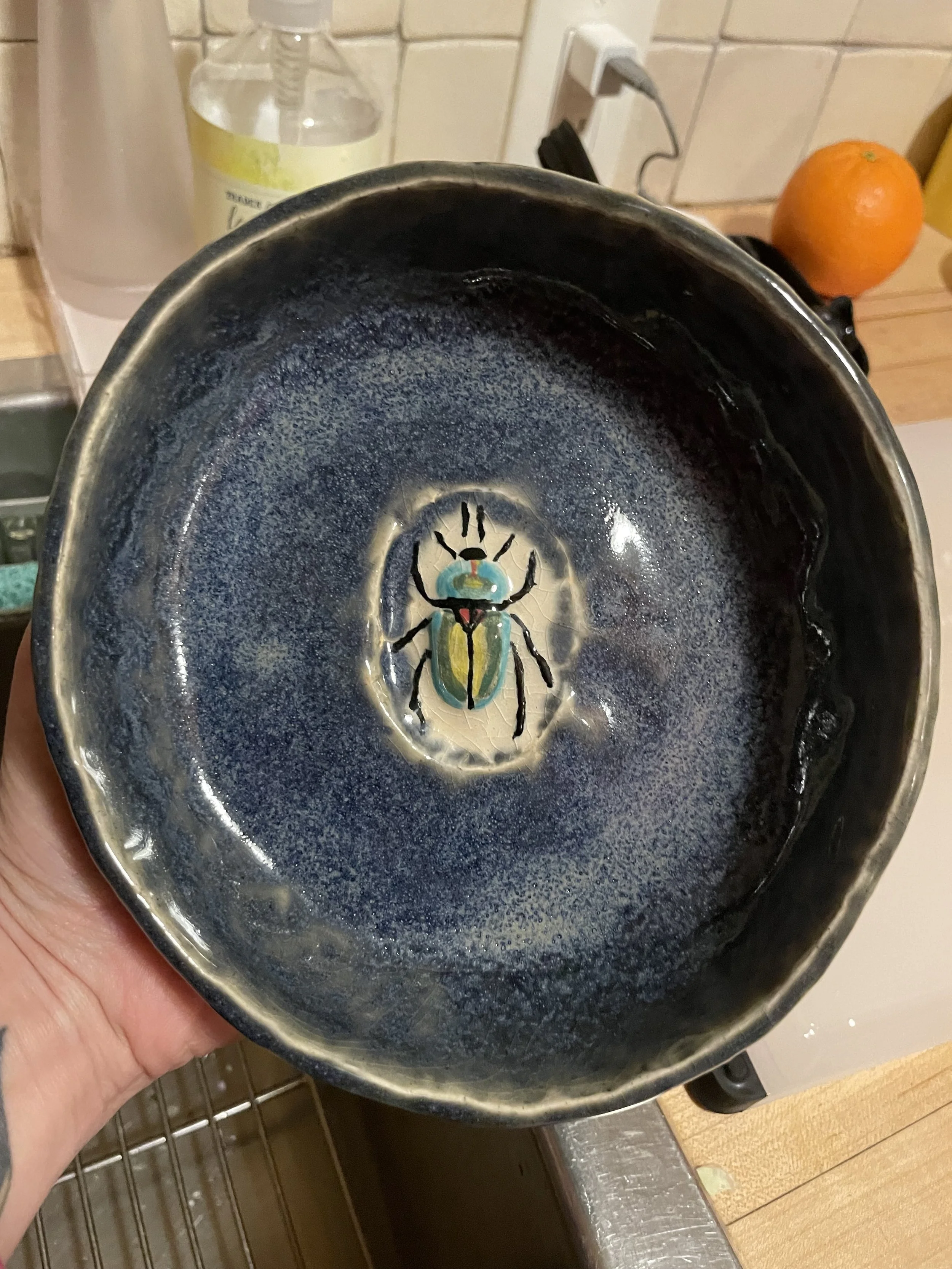 A ceramic bowl featuring a hand-painted beetle design at the center.