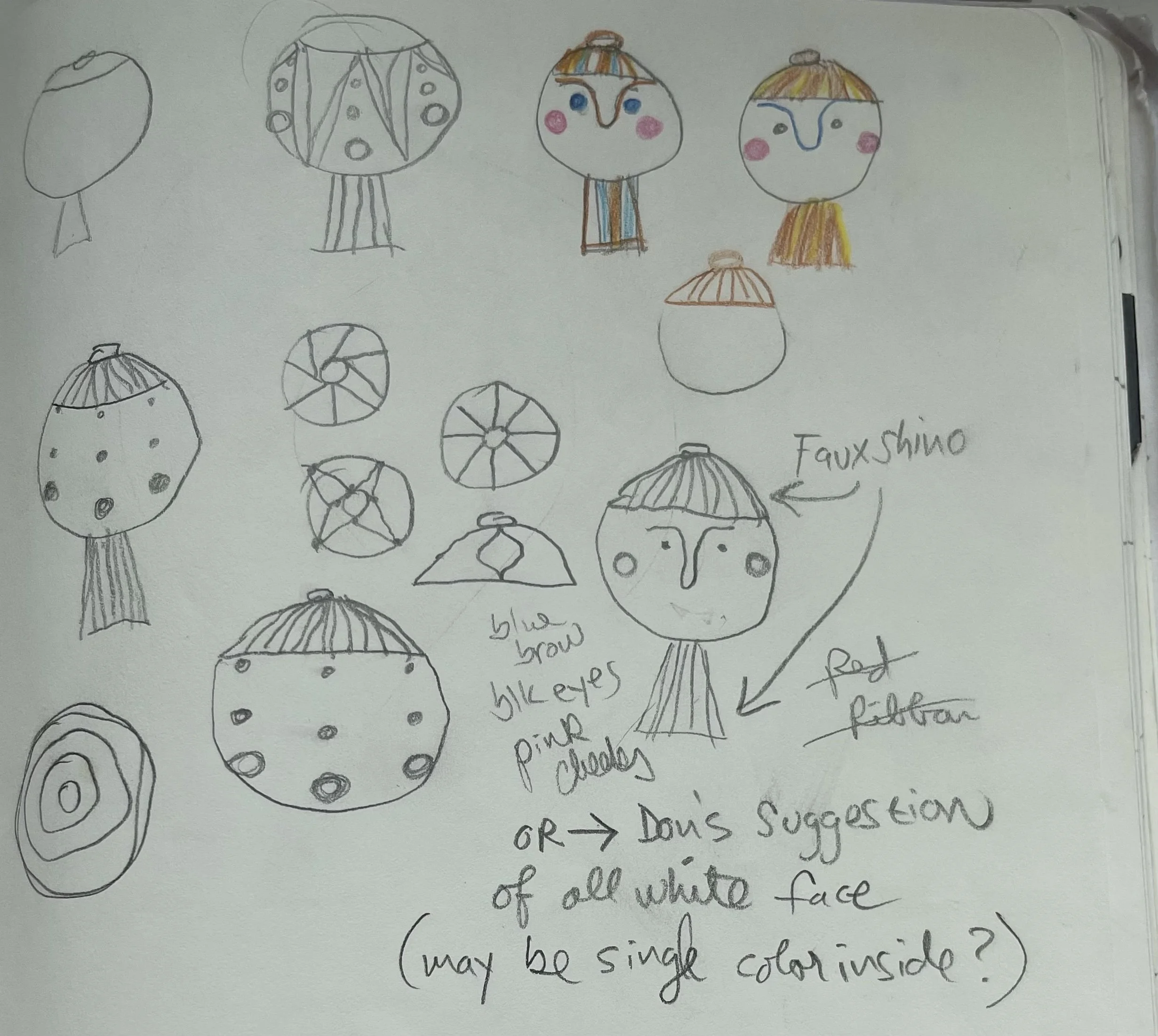 Hand-drawn sketches of various cartoon face designs with annotations explaining features and colors.