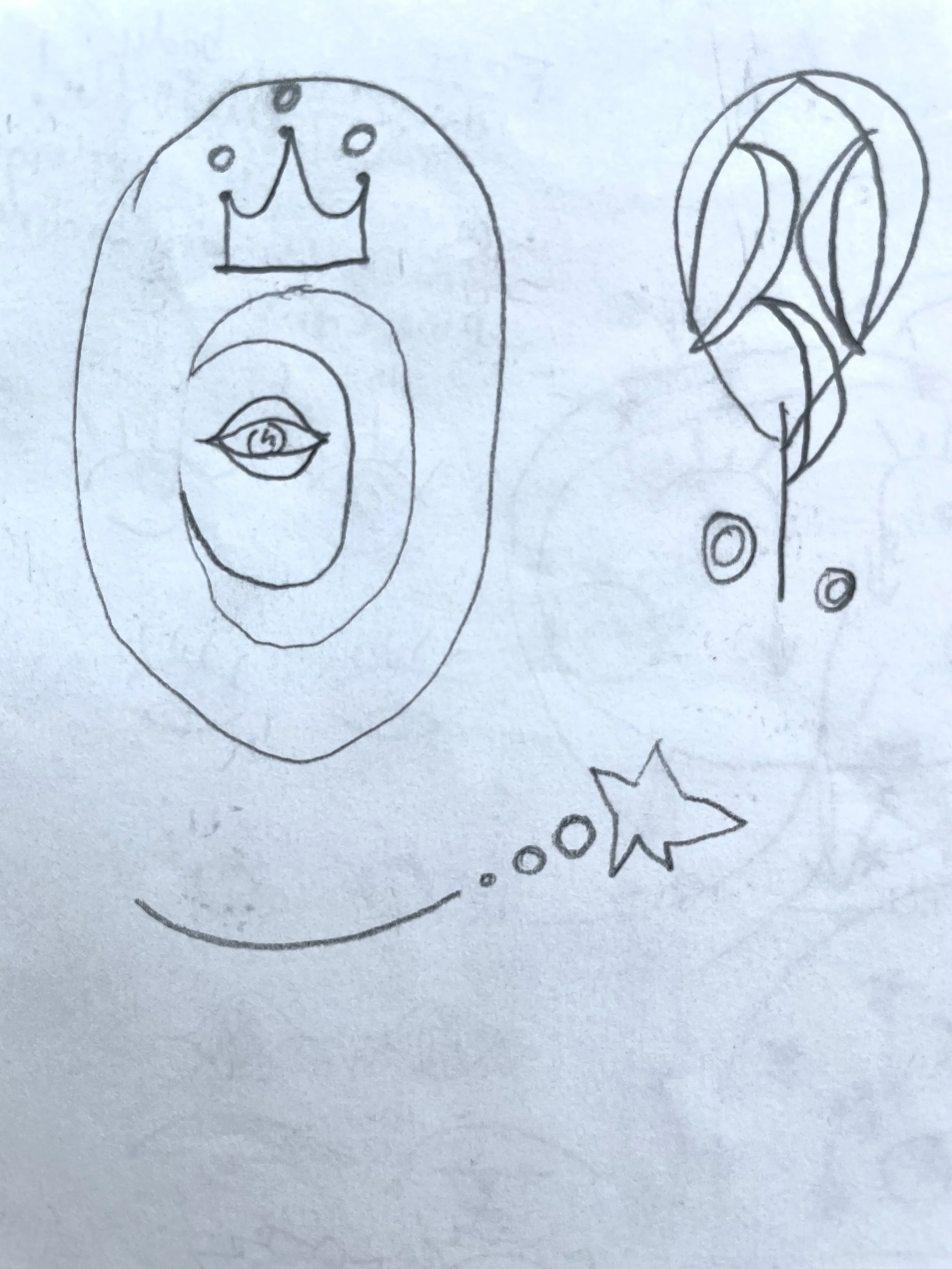 A hand-drawn sketch of a ceramics piece with a face surrounded by concentric circles, a crown above the face and a single eye in the center of the face.