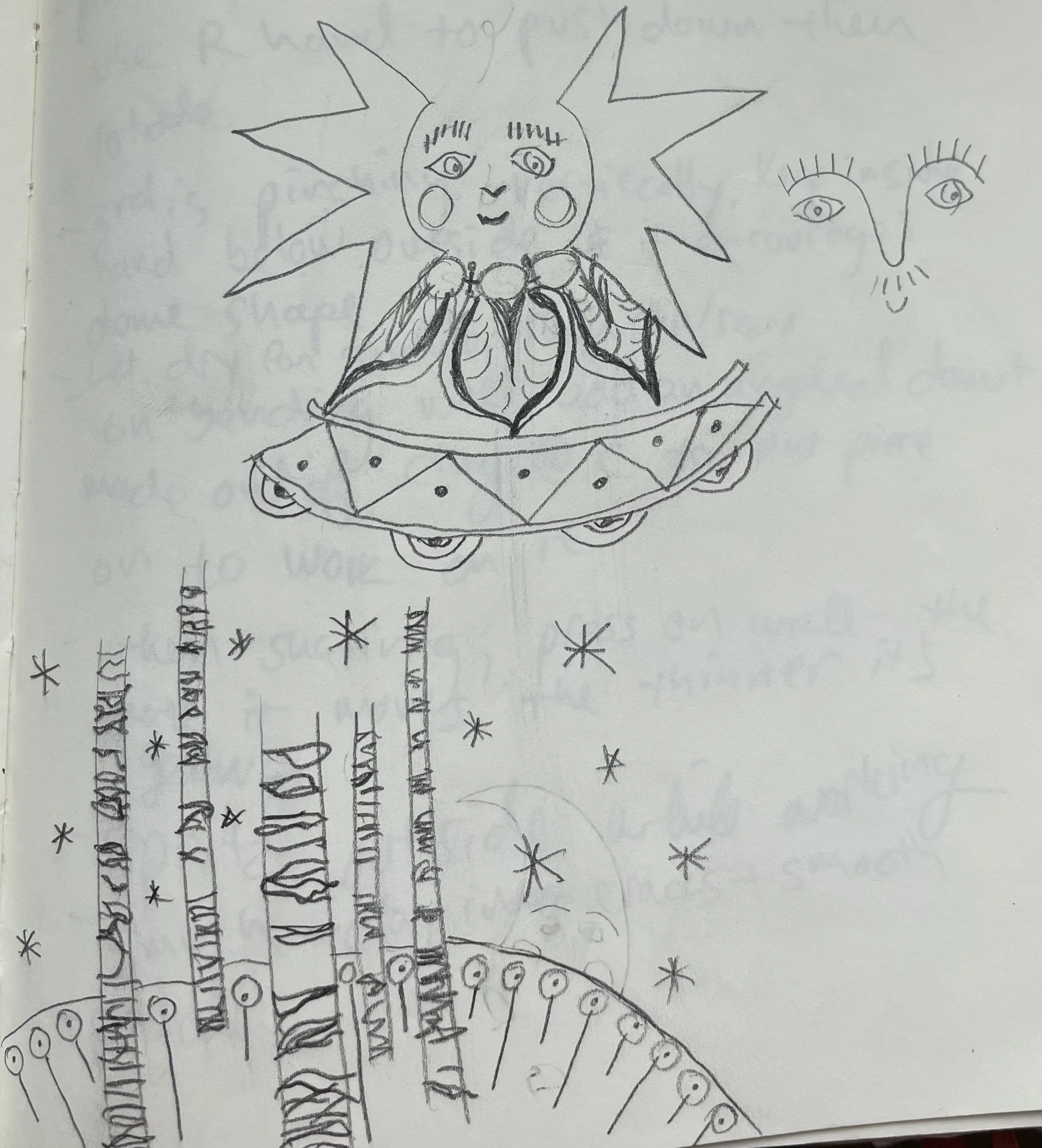 Hand-drawn sketch of a whimsical sun with a face, sitting on a patterned moon with stars and vertical lines beneath.
