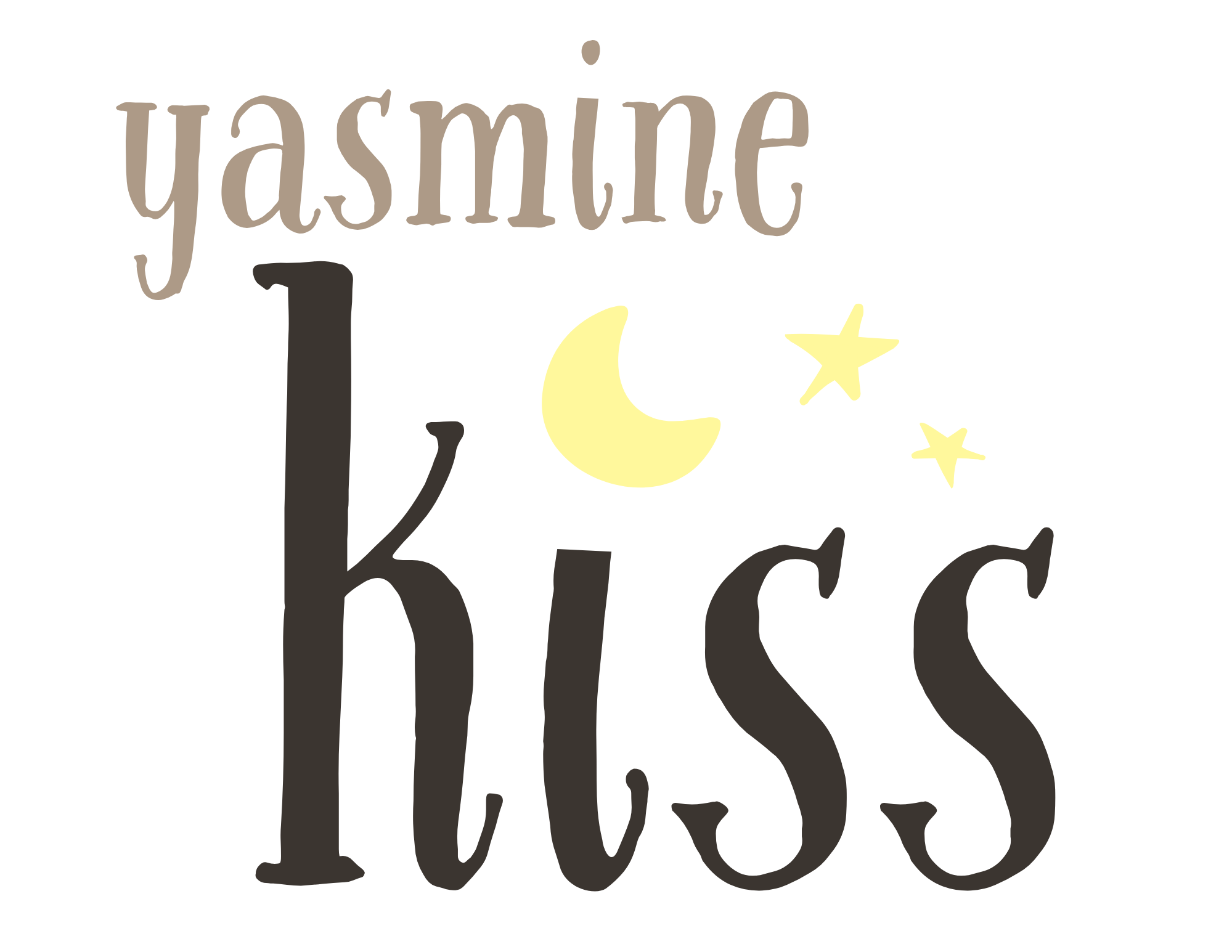 Decorative graphic with the words 'yasmine loves' and a yellow crescent moon with two small stars, in a whimsical font and soft colors.