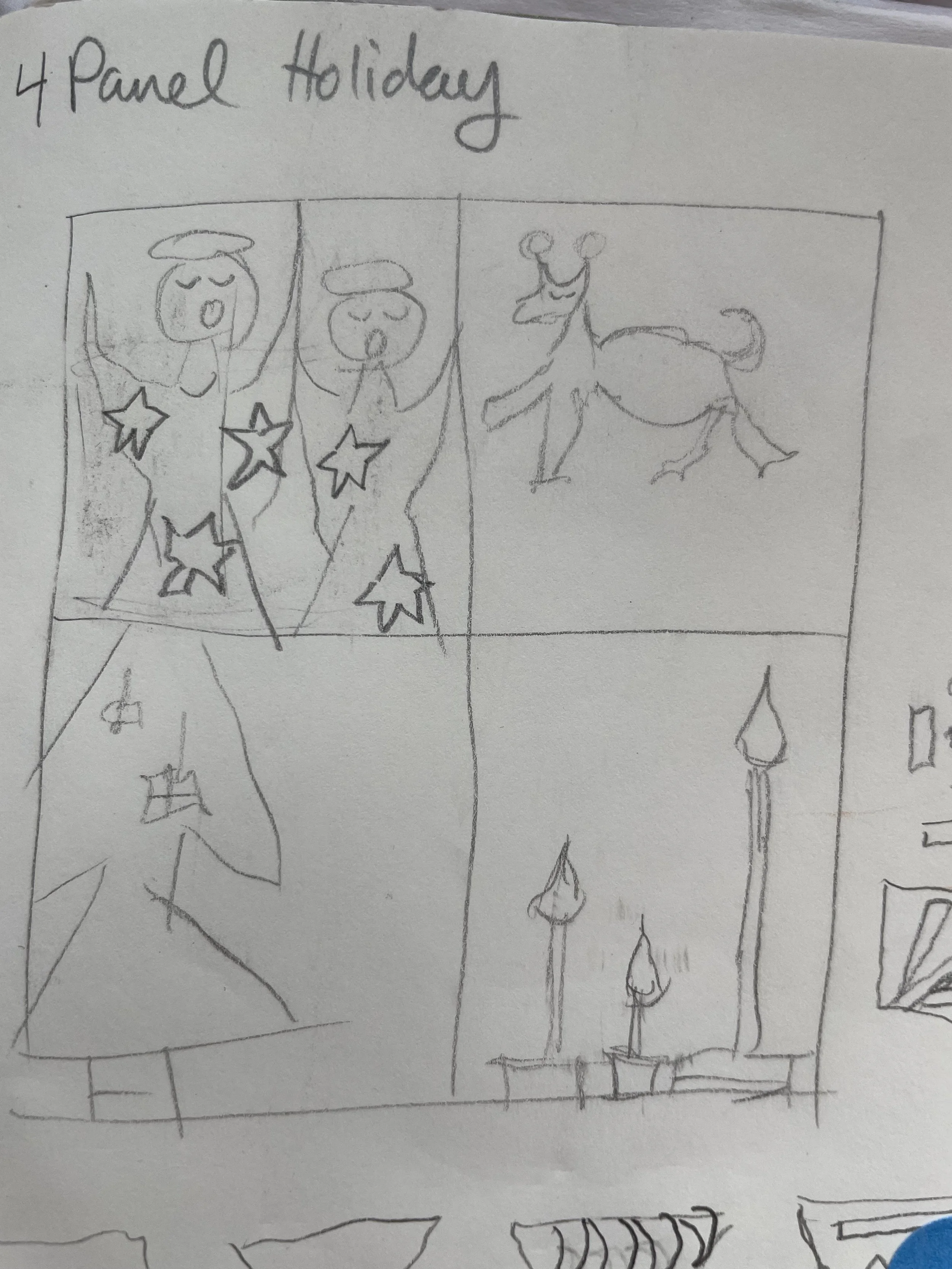 Hand-drawn sketches of four holiday-themed panels, including angels, a dragon, Christmas trees, and candles.