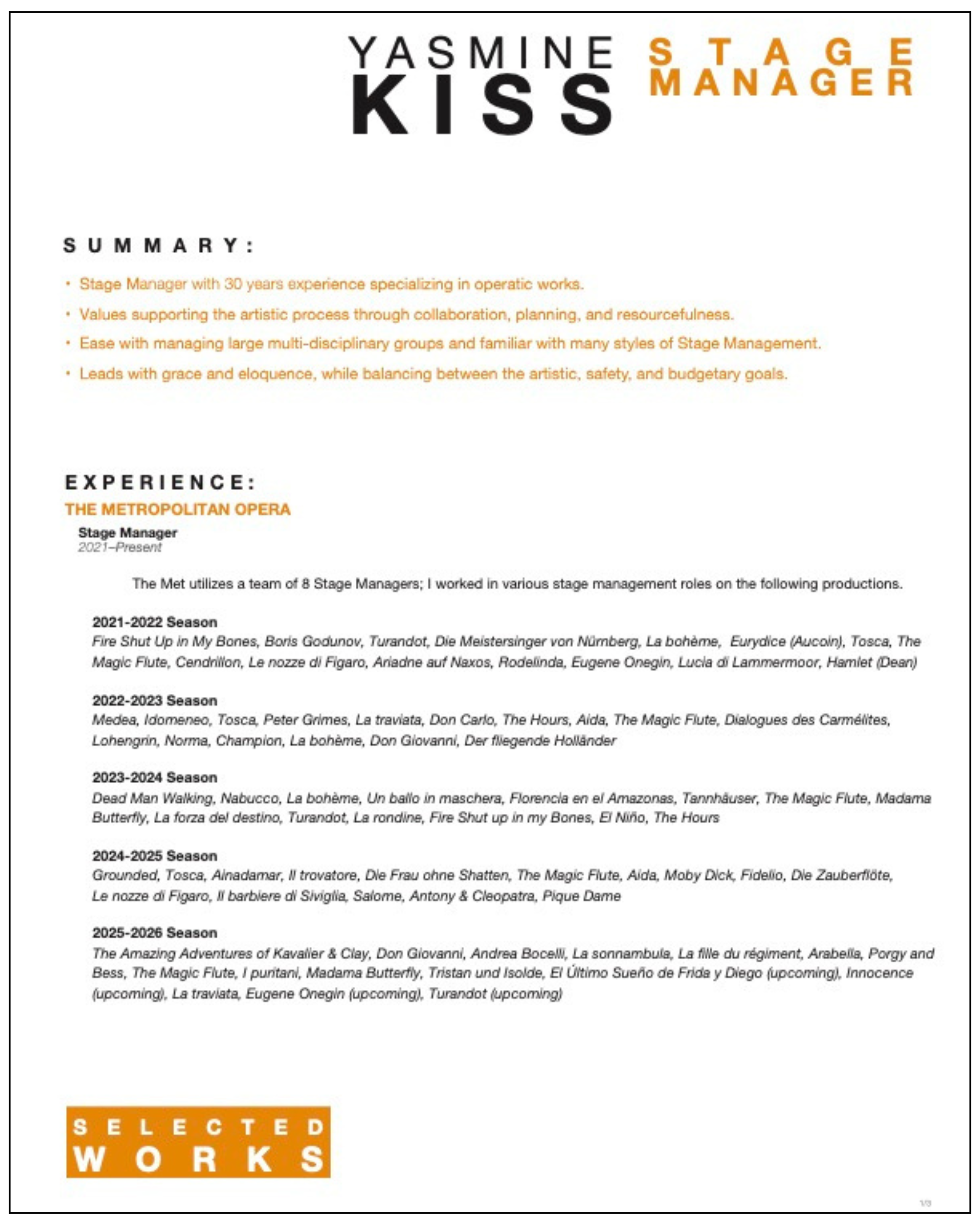 Résumé of Yasmine Kiss, a stage manager, listing experience with various opera and theatre productions.