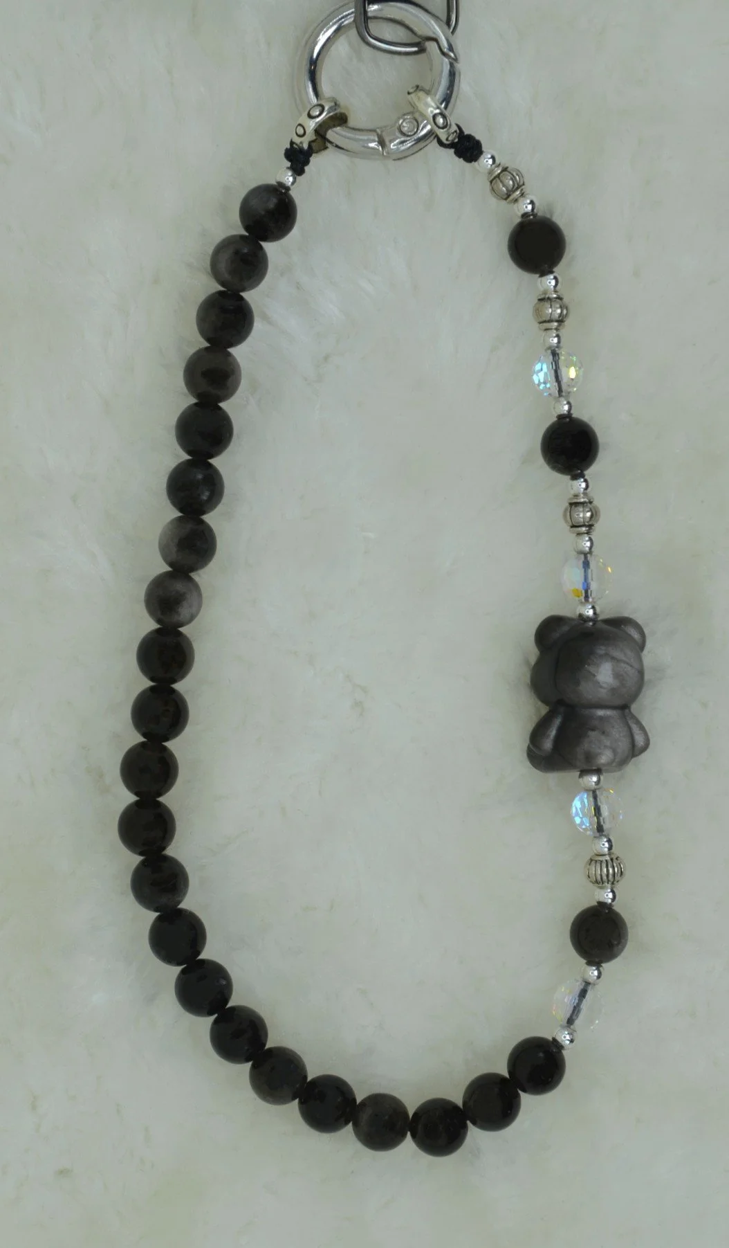 Little Bear Silver Obsidian HandPhone Charm