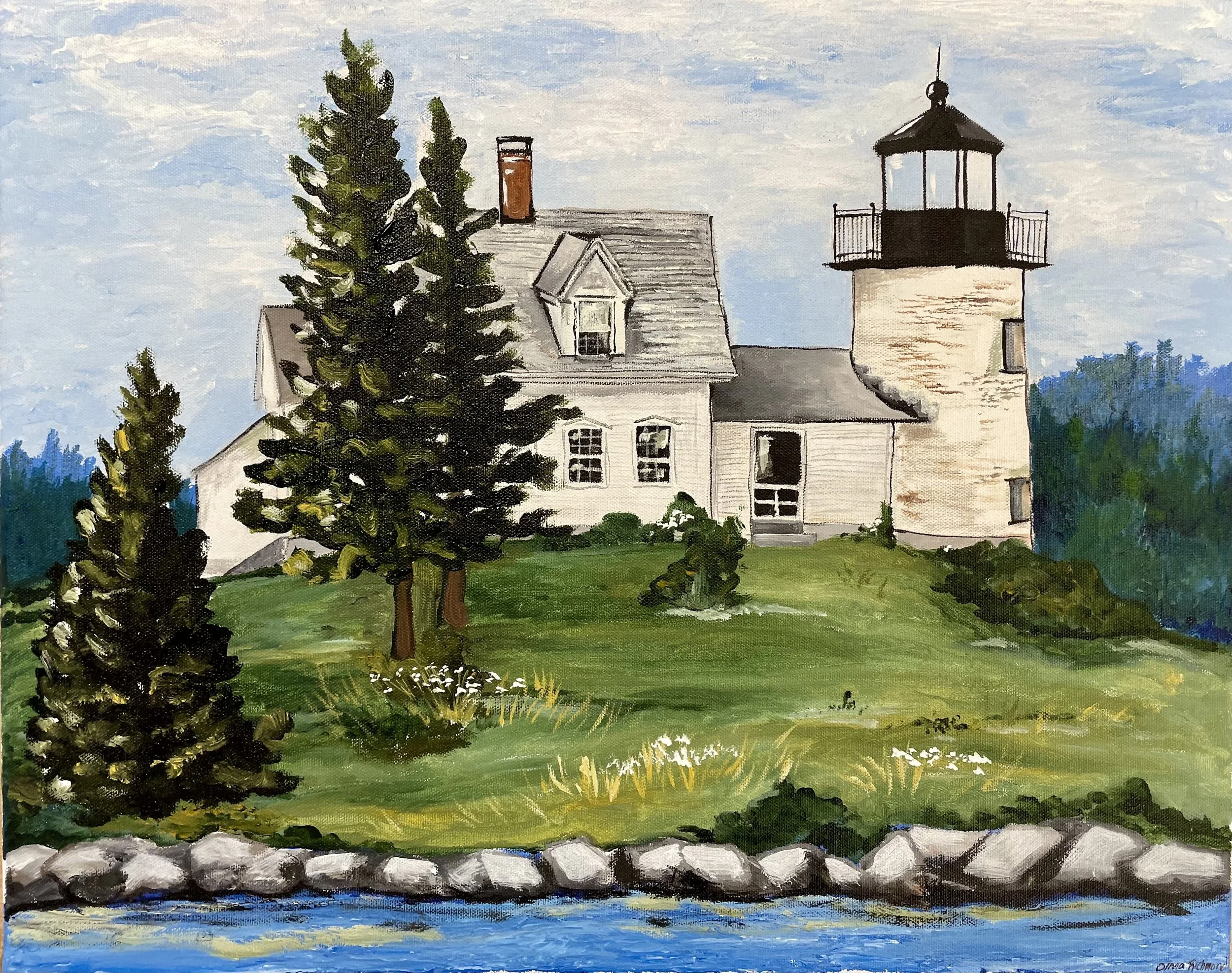 Pumpkin Lighthouse, Fall 2024.
16x20 Acrylic on Stretched Canvas.
Inspired by the Lighthouse in Penobscott bay that I would boat past with my grandparents every summer.